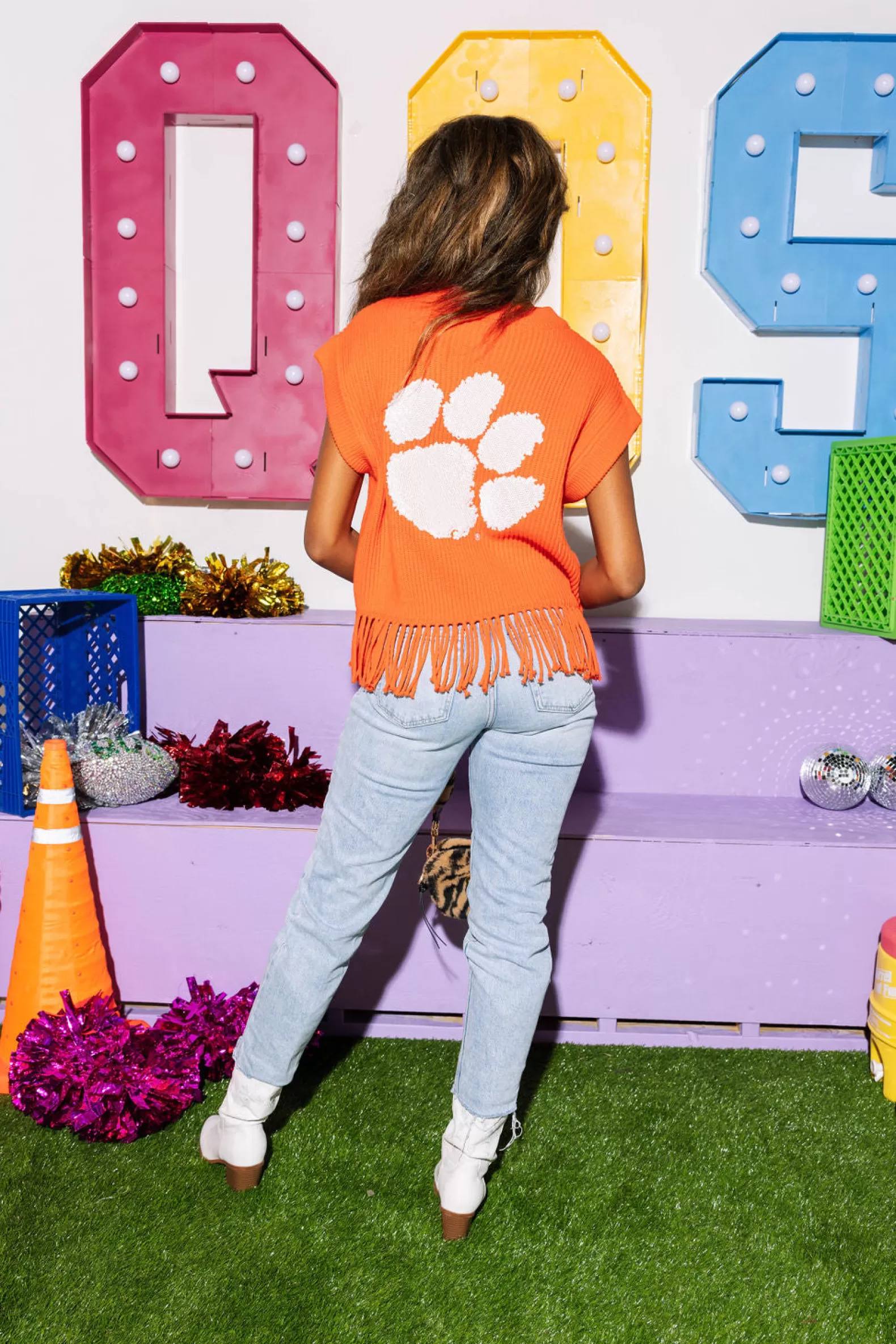 Queen of Sparkles Sweaters<Licensed- Clemson & Purple 'Tigers' Fringe Sweater Vest Orange