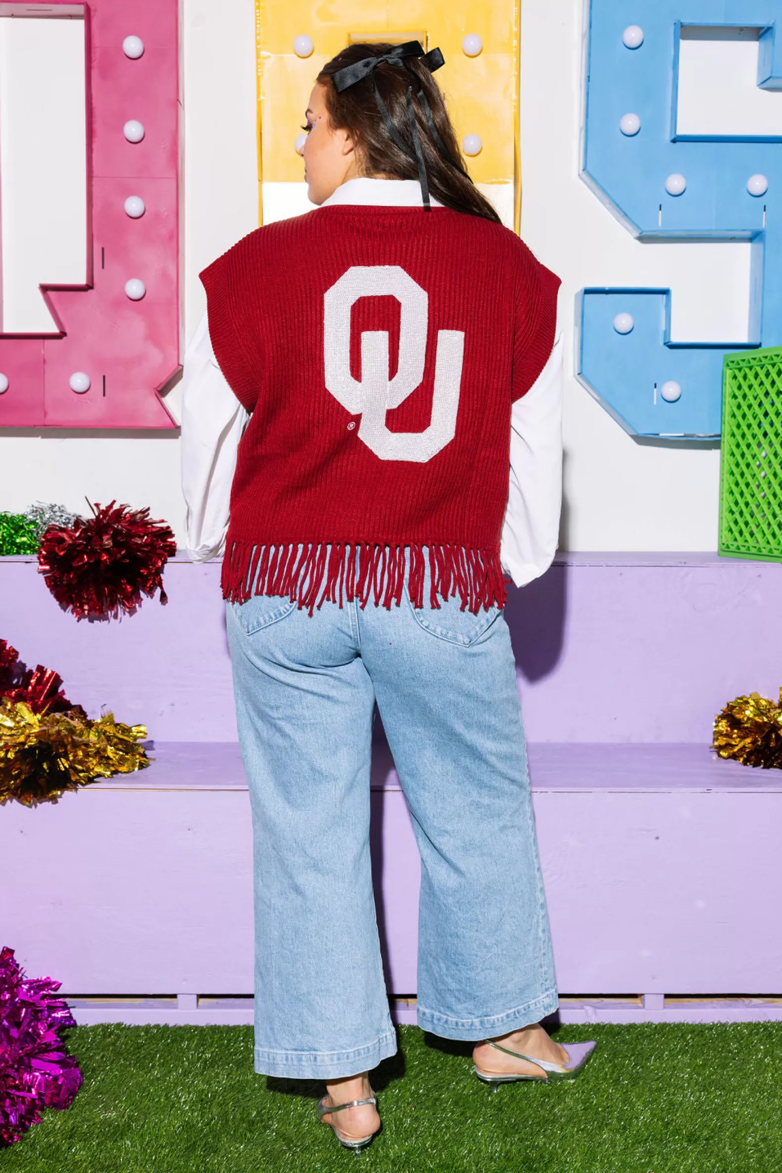 Queen of Sparkles Sweaters<Licensed- Boomer Sooner Fringe Sweater Vest Crimson