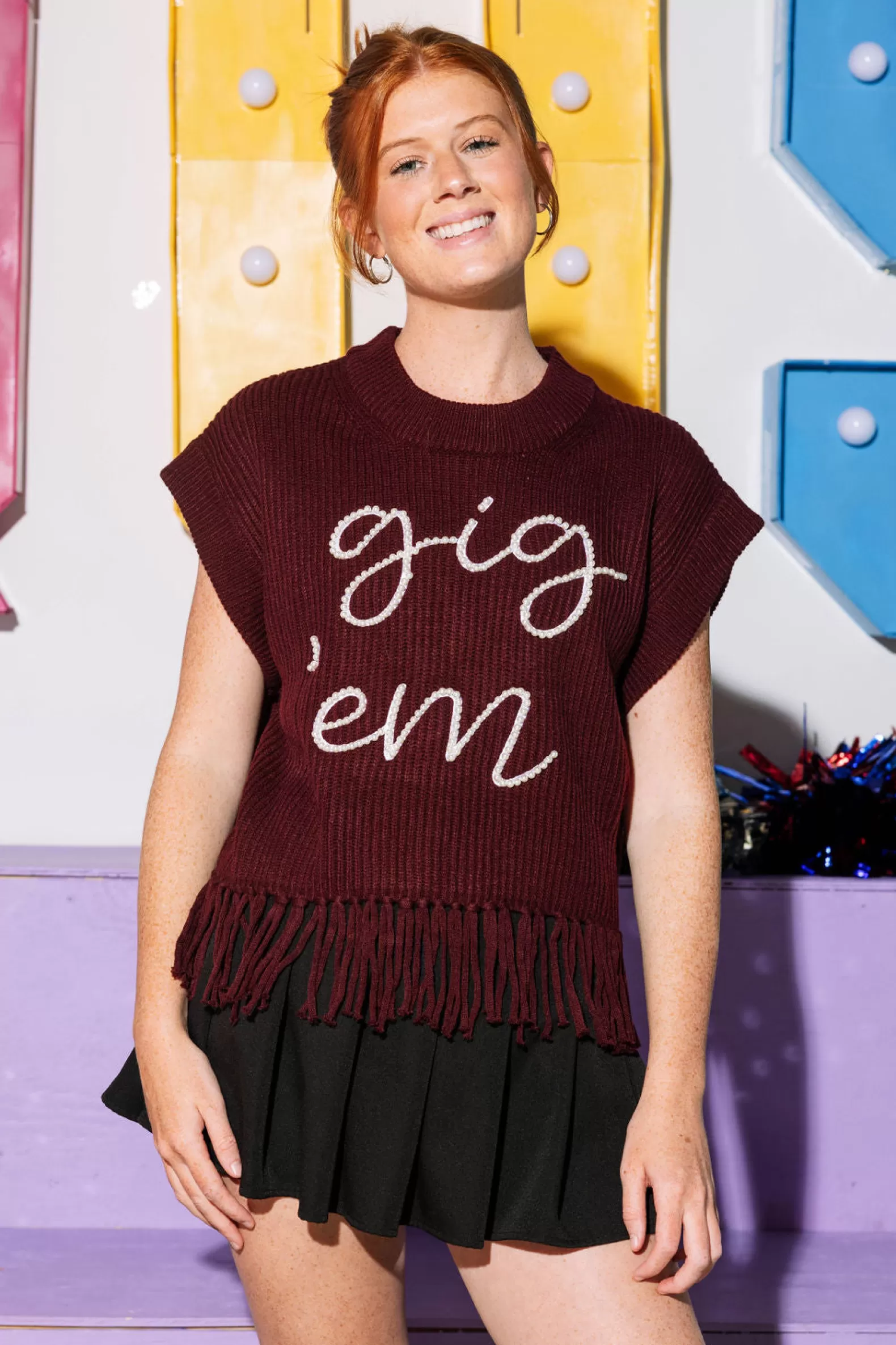 Queen of Sparkles Sweaters<Licensed- Maroon 'Gig Em' Fringe Sweater Vest