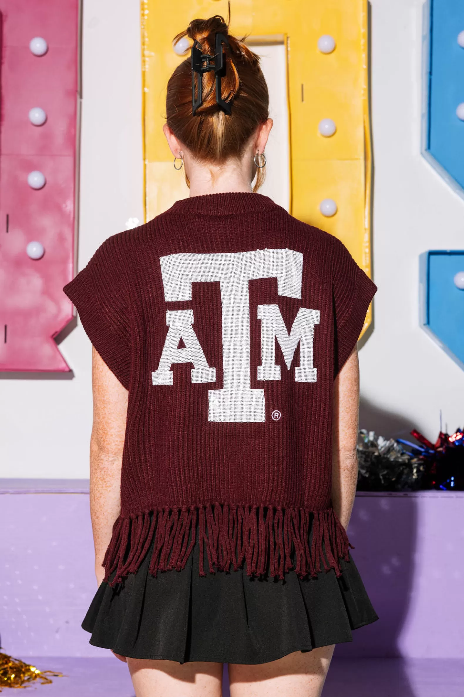 Queen of Sparkles Sweaters<Licensed- Maroon 'Gig Em' Fringe Sweater Vest