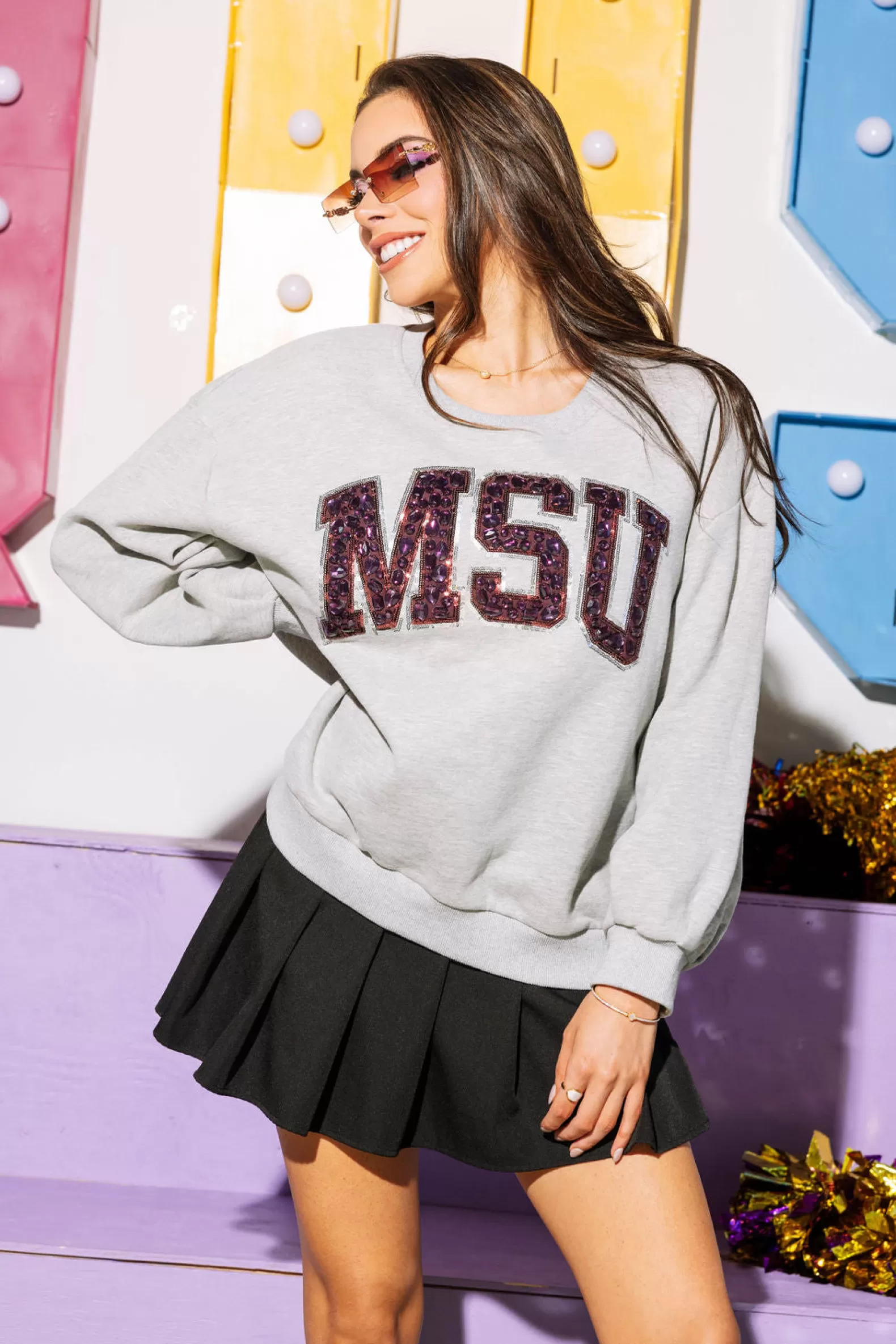 Queen of Sparkles Sweatshirts<Licensed MSU Jeweled Letter Sweatshirt Grey