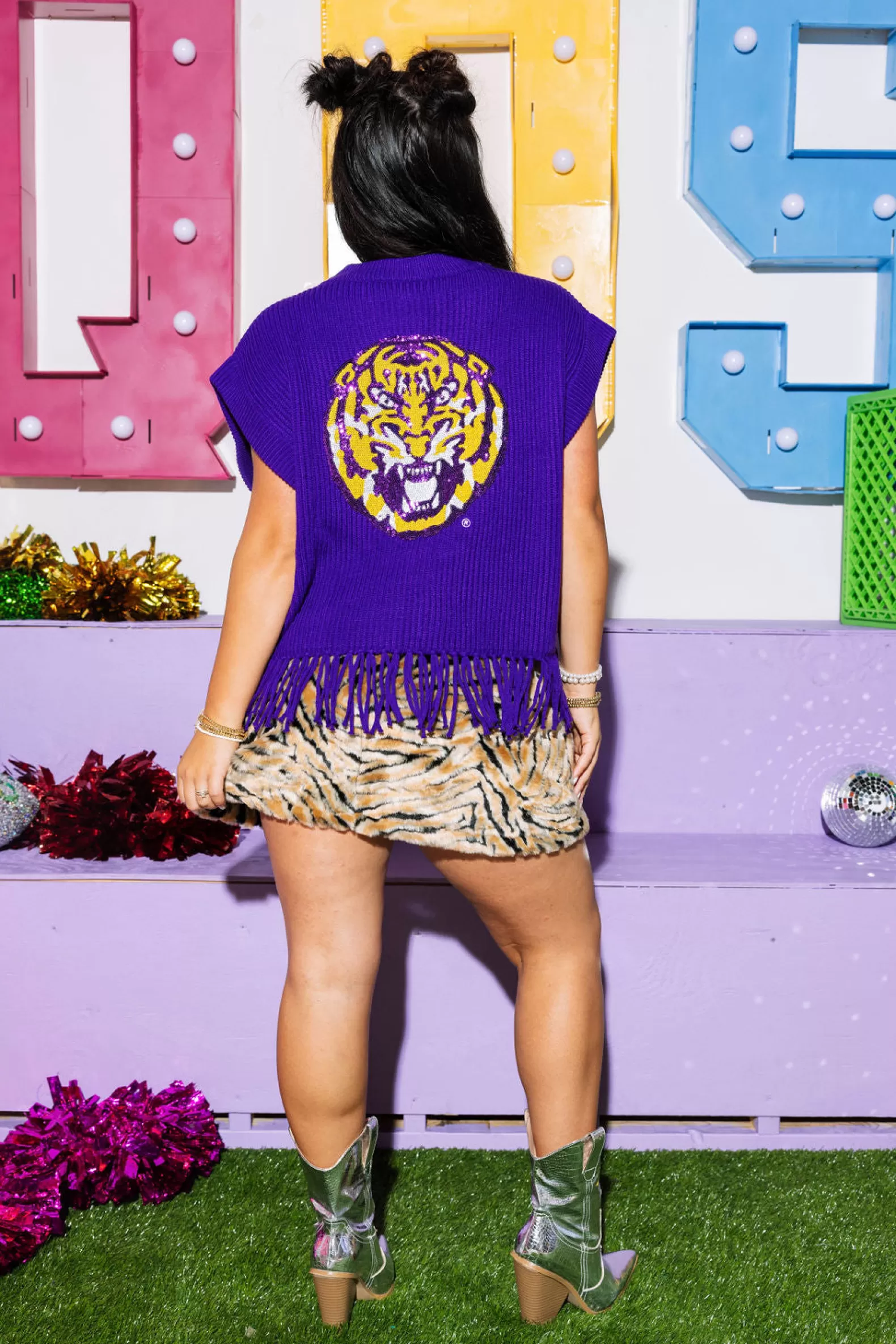 Queen of Sparkles Sweaters<Licensed- & Gold 'Geaux Tigers' Fringe Sweater Vest Purple