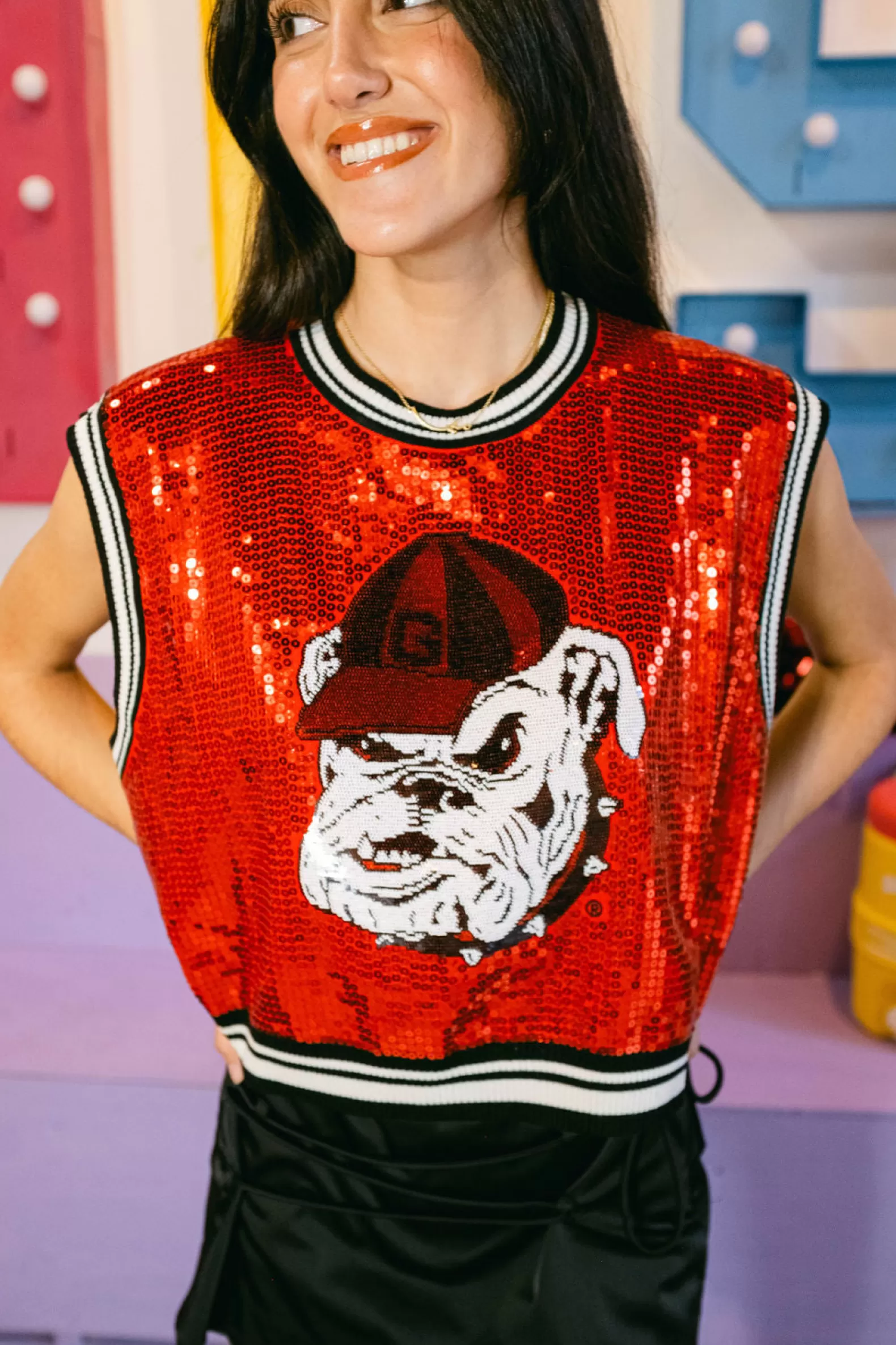 Queen of Sparkles Sweaters<Licensed Full Sequin Sweater Tank With Bulldog Head Red