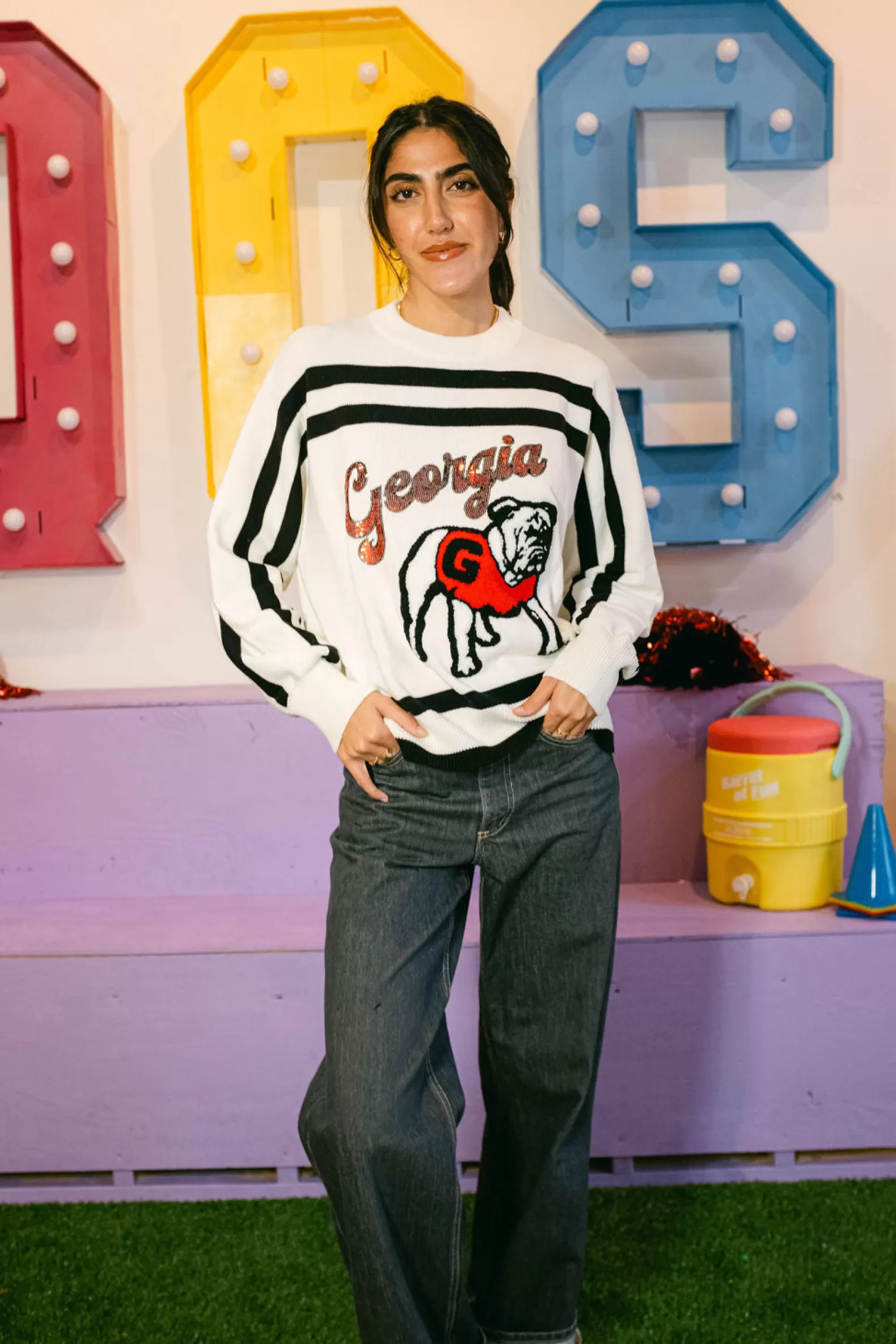 Queen of Sparkles Sweaters<Licensed Stripe 'Georgia' Bulldog Long Sleeve Top White