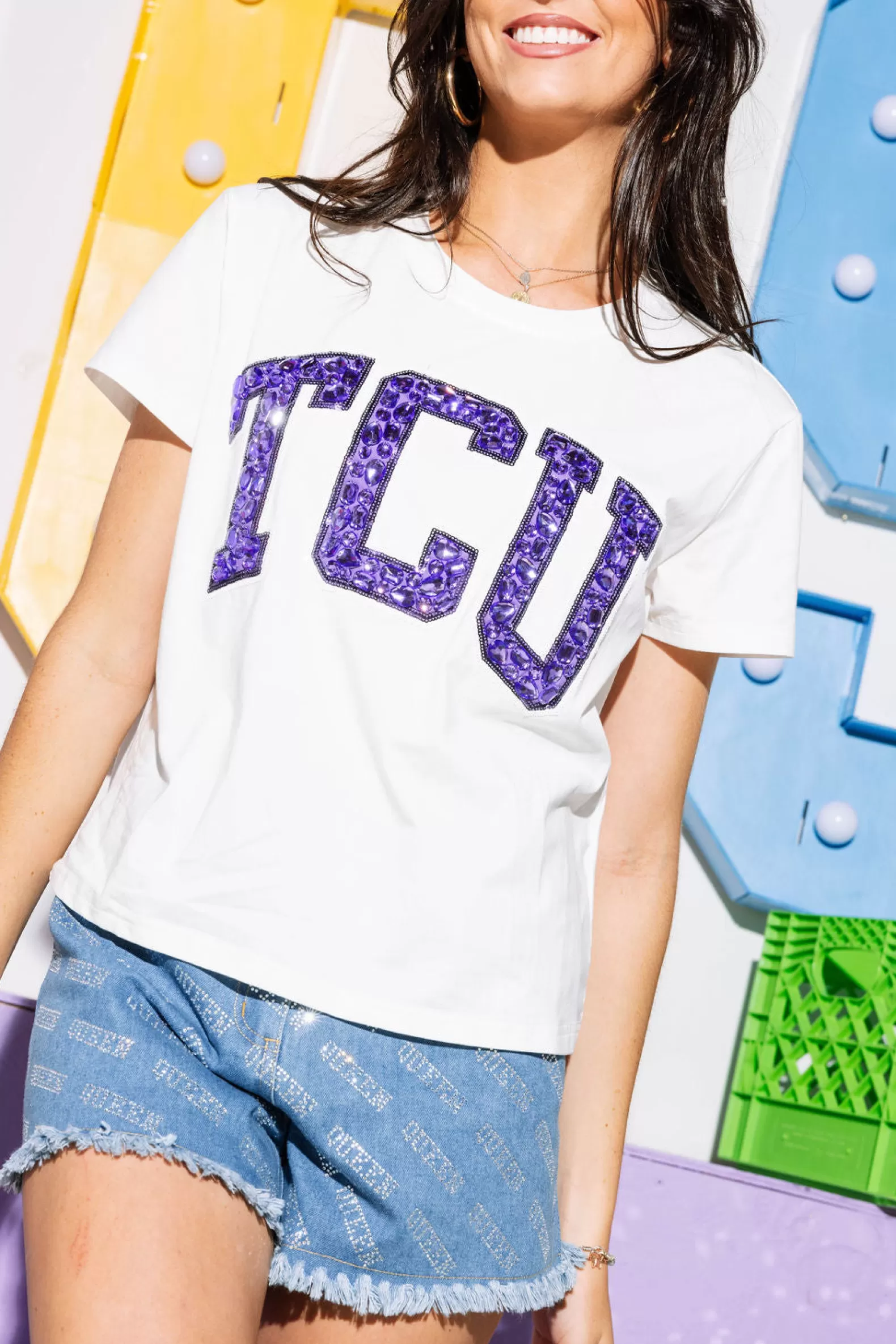 Queen of Sparkles Tees<Licensed TCU Jeweled Letter Tee White