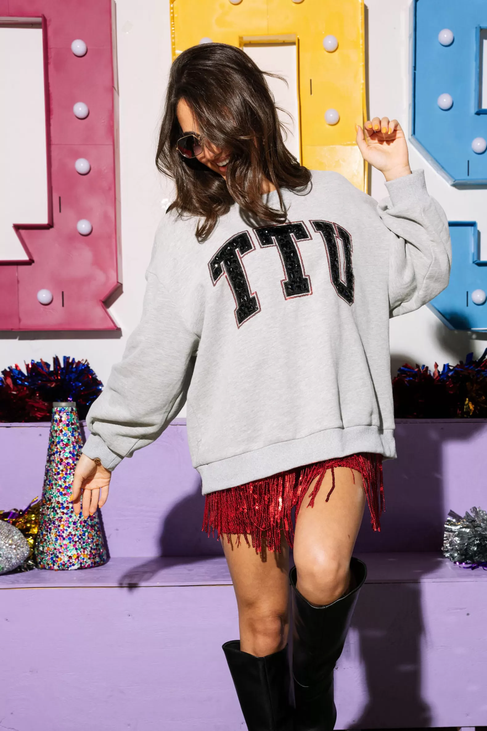 Queen of Sparkles Sweatshirts<Licensed- TTU Jeweled Letter Sweatshirt Grey
