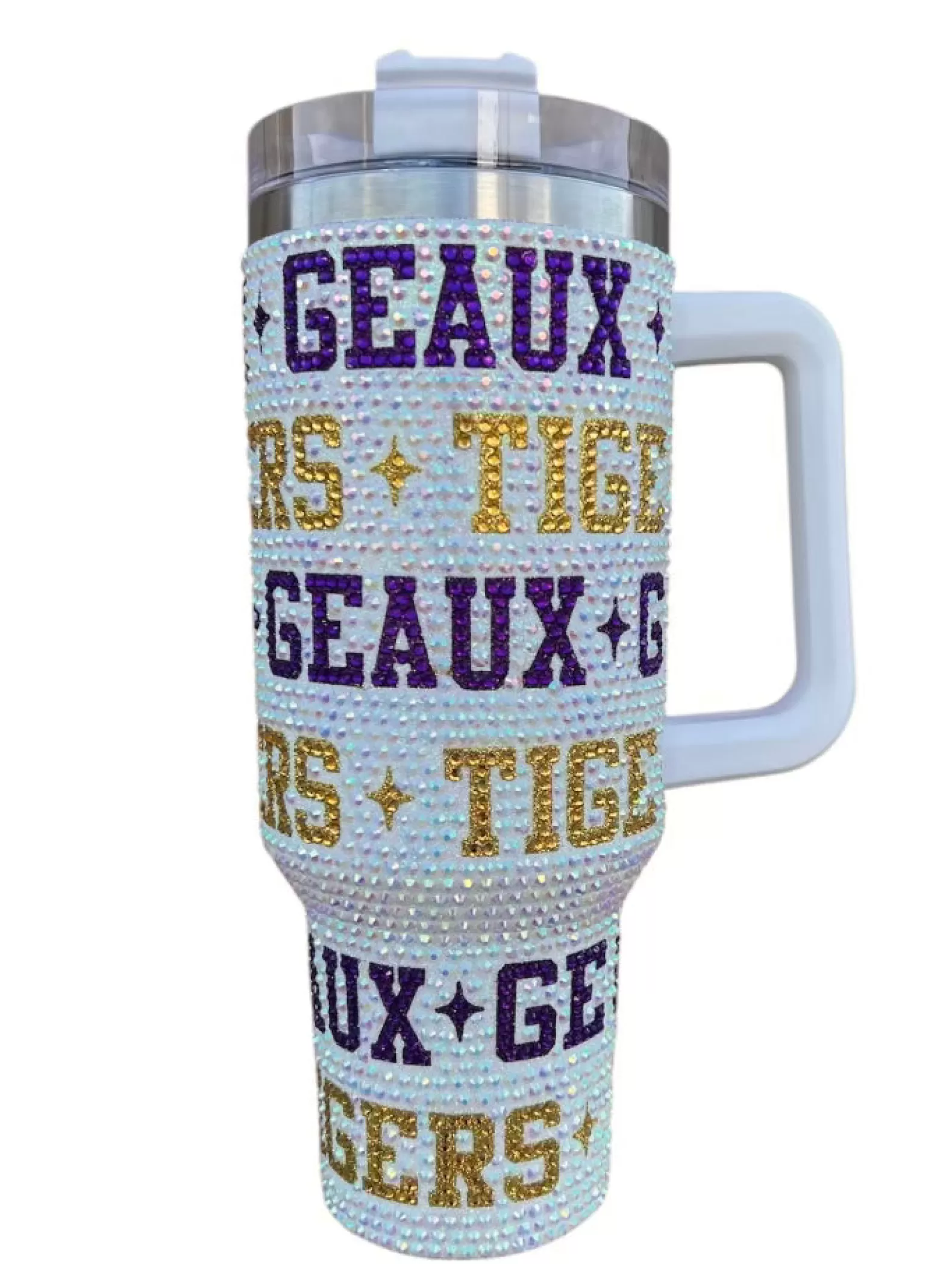 Queen of Sparkles Accessories<Licensed- , Purple & Gold 'Geaux Tigers' Rhinestone Tumbler White
