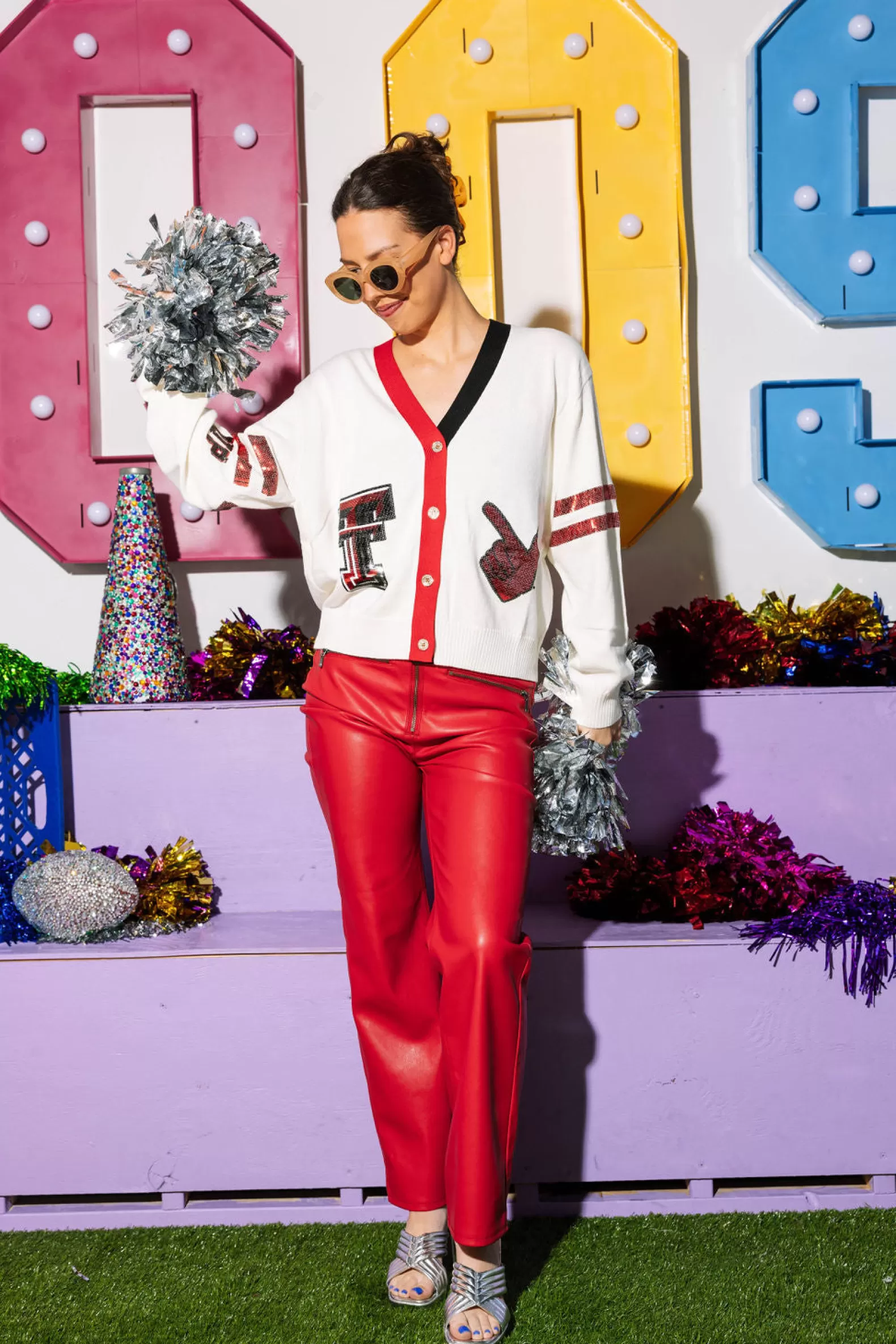 Queen of Sparkles Sweaters<Licensed- , Red & Black 'Texas Tech' Varsity Cardigan White