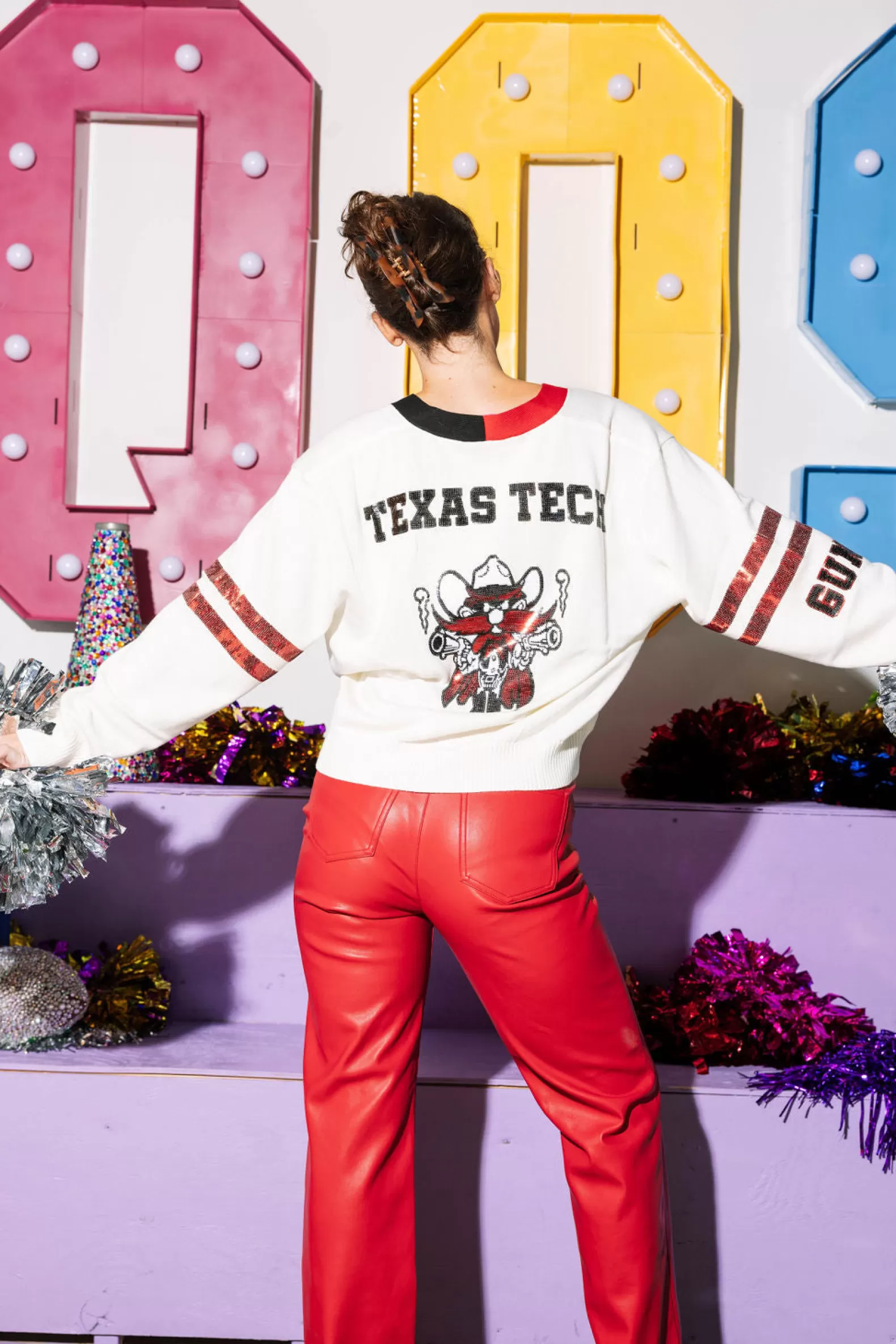 Queen of Sparkles Sweaters<Licensed- , Red & Black 'Texas Tech' Varsity Cardigan White