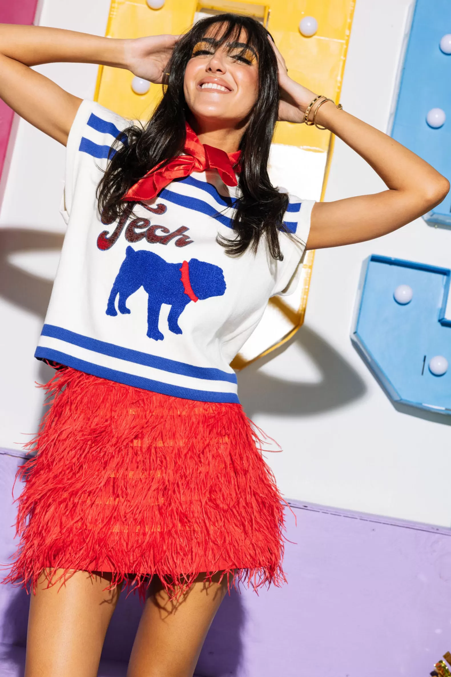 Queen of Sparkles Sweaters | Tops<Licensed-Royal & Red Tech Bulldog Striped Short Sleeve Top White