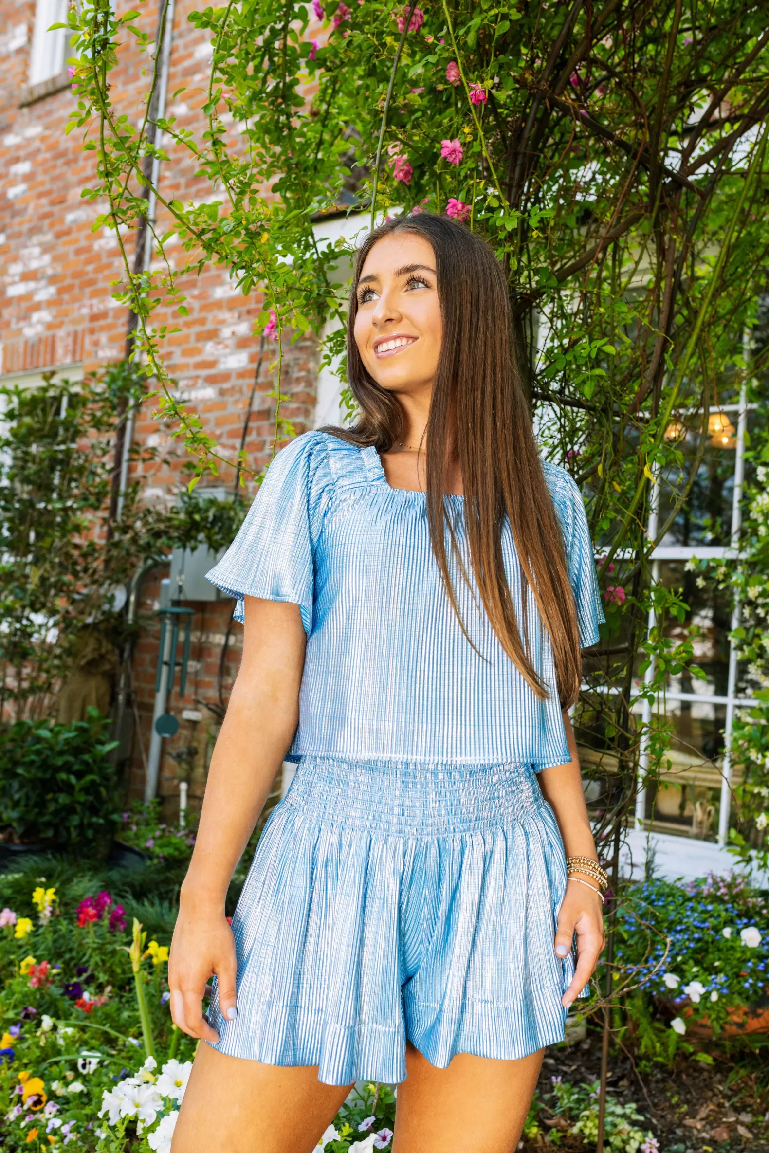 Queen of Sparkles Tops<Light Blue & Silver Ribbed Flutter Top
