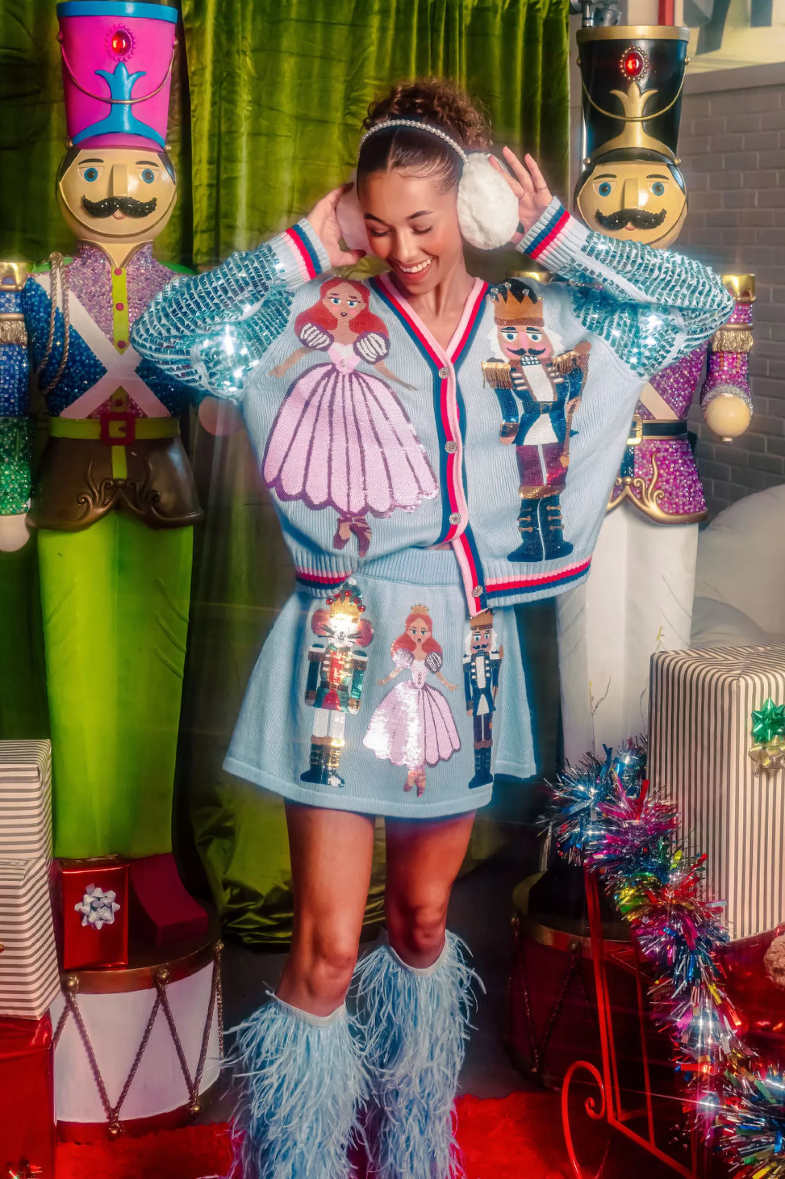 Queen of Sparkles Sweaters<Nutcracker & Clara Shard Sequin Sleeve Cardigan Light Blue