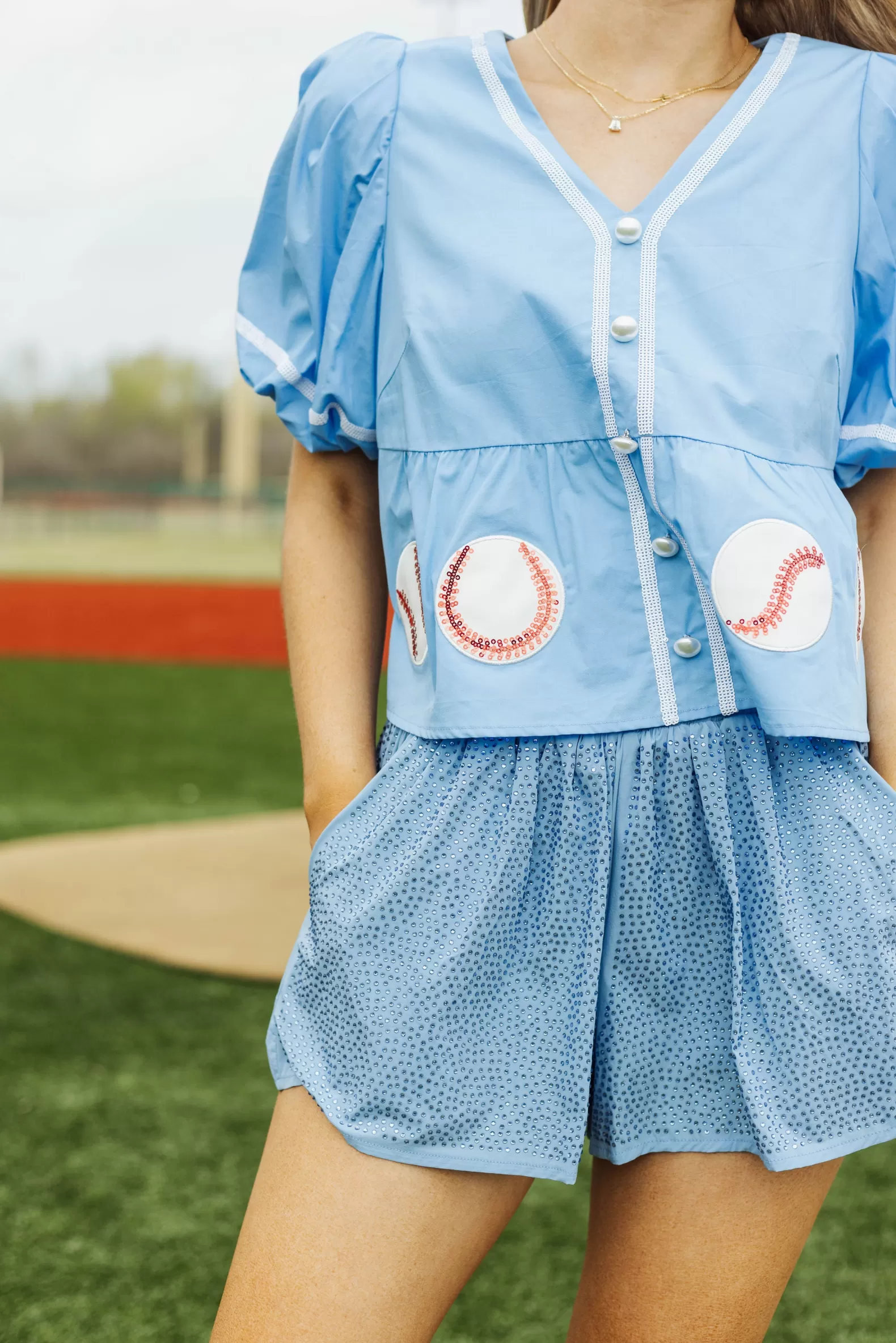 Queen of Sparkles Tops<Peplum Baseball Top Light Blue