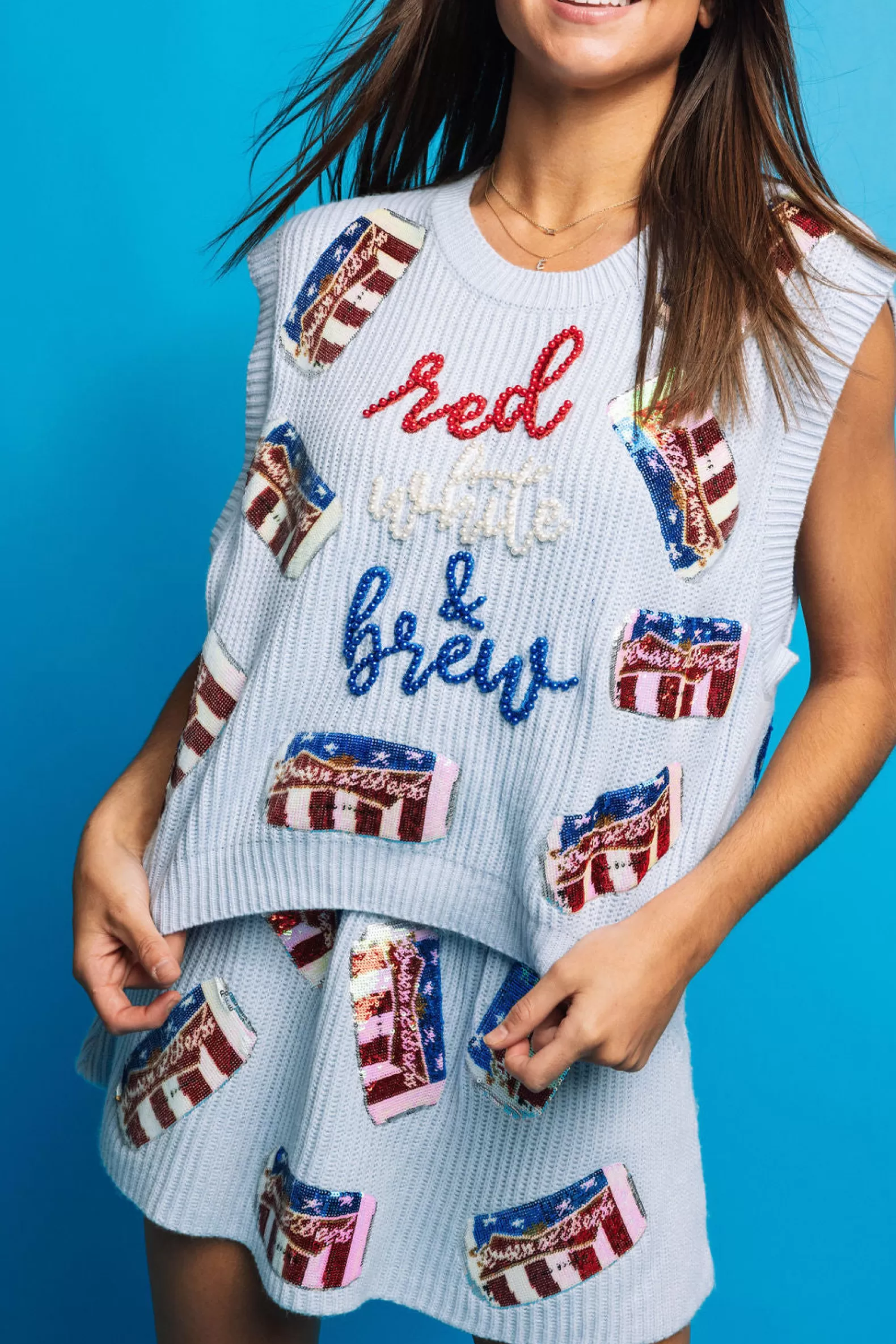Queen of Sparkles Sweaters | Sets<Light 'Red, White & Brew' Sweater Vest Blue