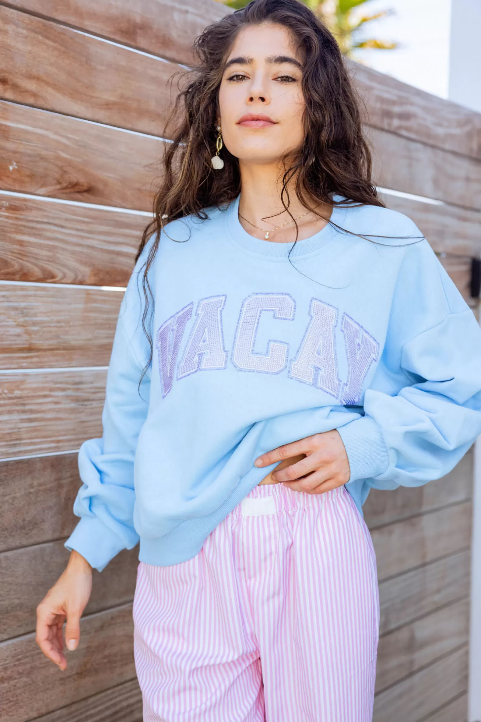 Queen of Sparkles Sweatshirts<'Vacay' Sweatshirt Light Blue