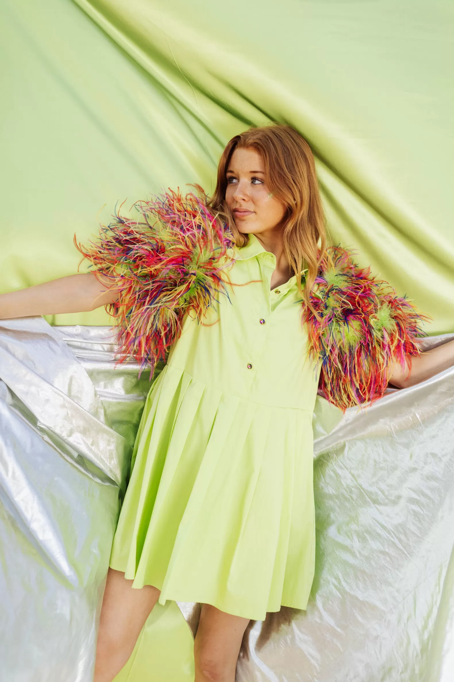 Queen of Sparkles Dresses<Lime & Rainbow Feather Sleeve Dress