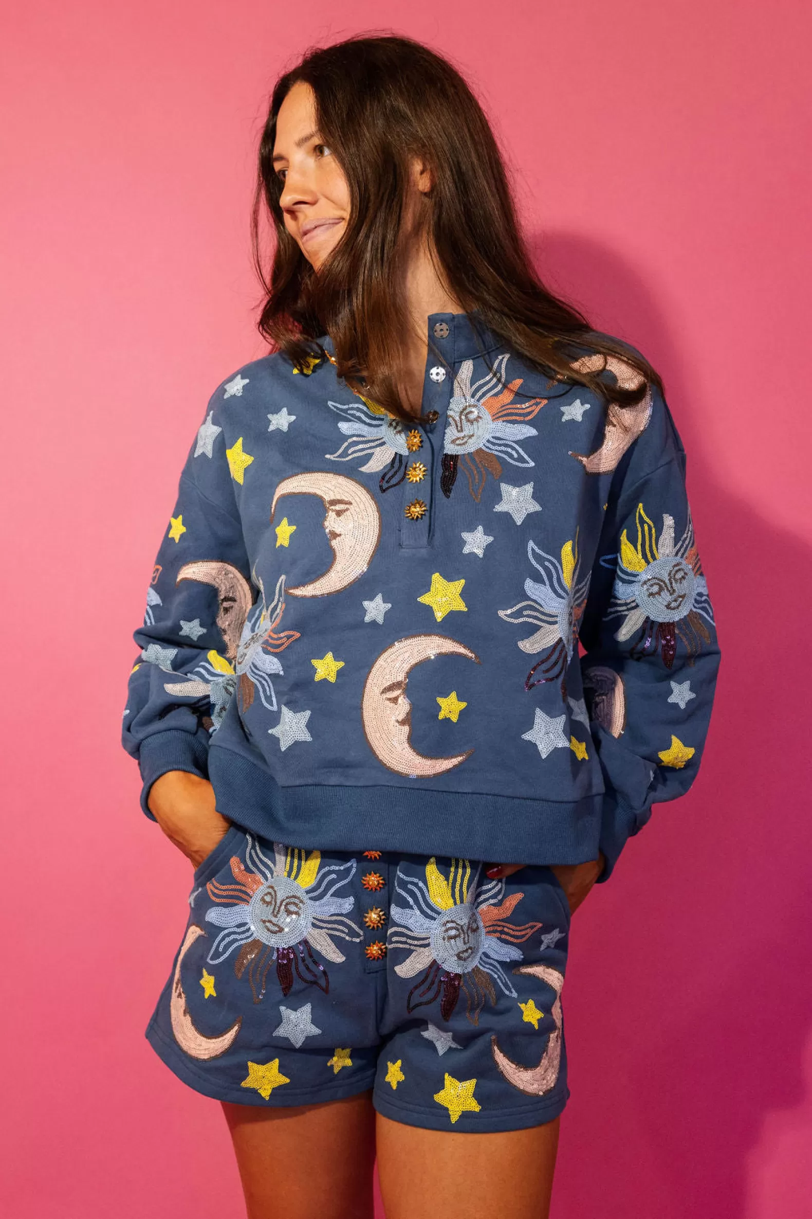 Queen of Sparkles Sets | Shorts<Stars & Moon Henley Short Midnight Blue