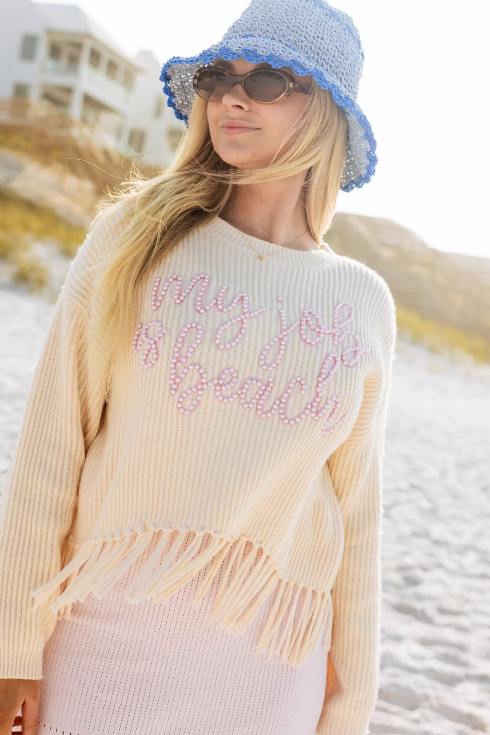 Queen of Sparkles Sweaters<My Job Is Beach' Fringe Sweater Ivory