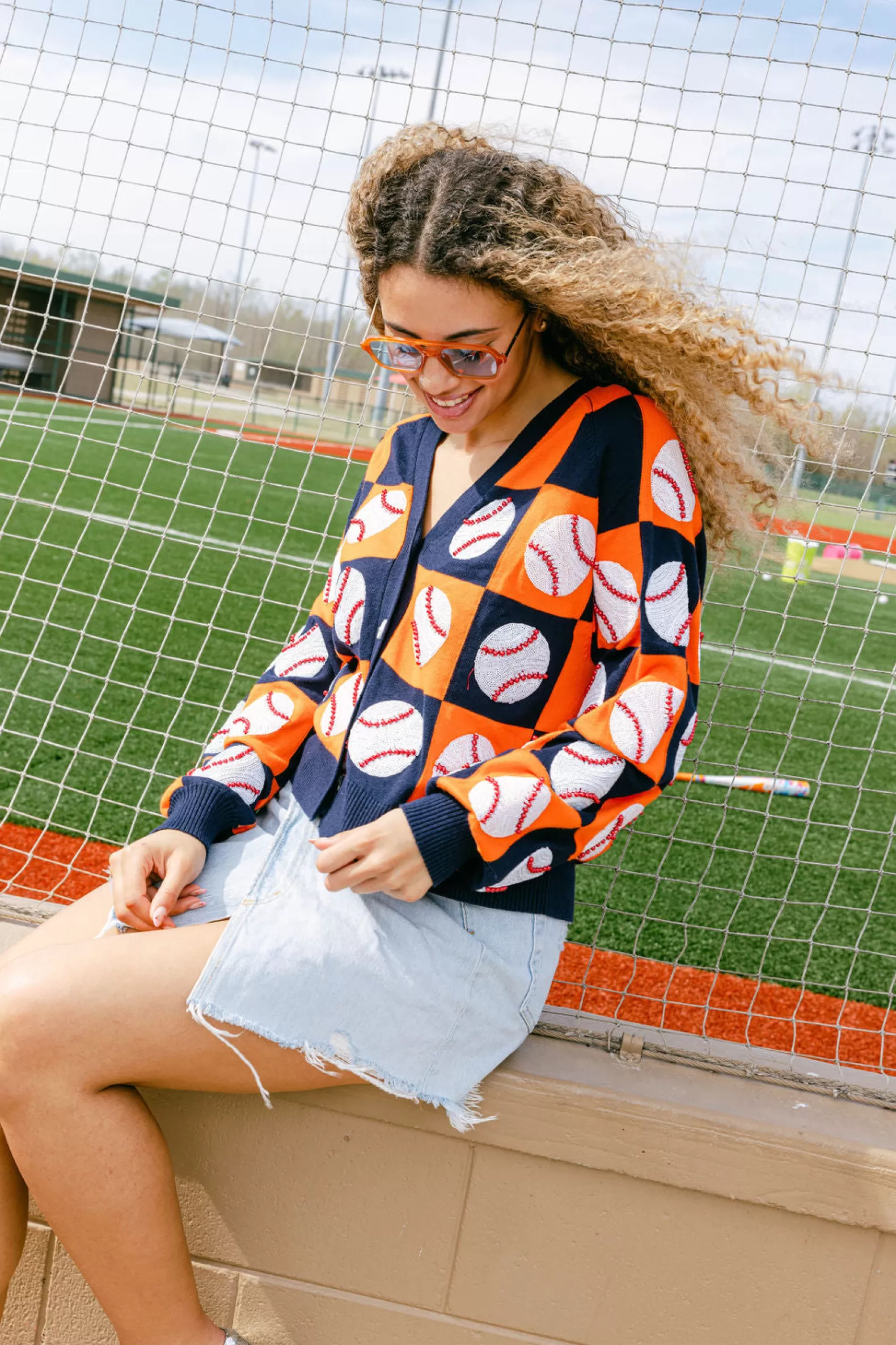 Queen of Sparkles Sweaters<& Orange Checkered Baseball Cardigan Navy
