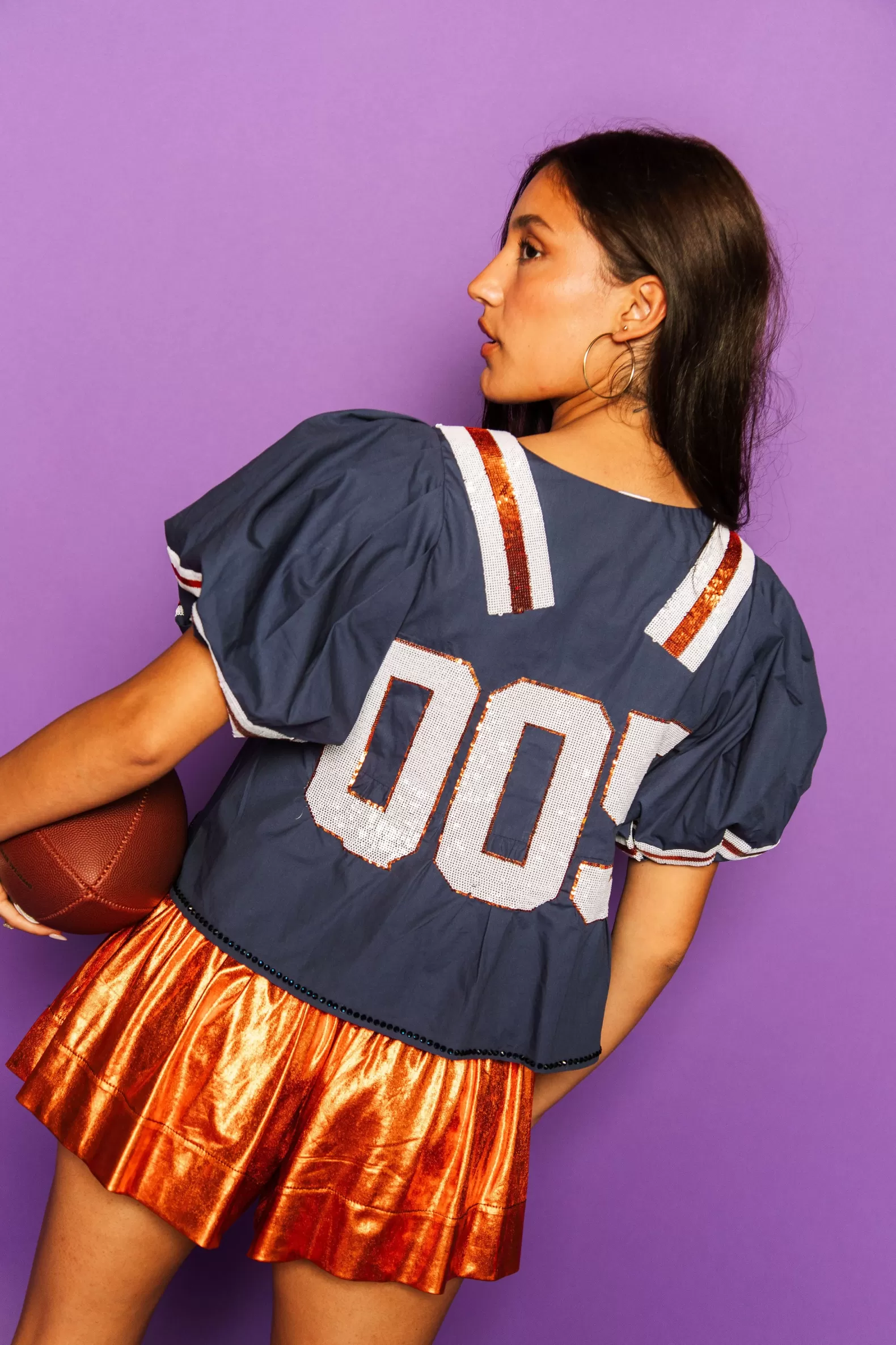 Queen of Sparkles Tops<Navy & Orange QOS Jersey Peplum Top