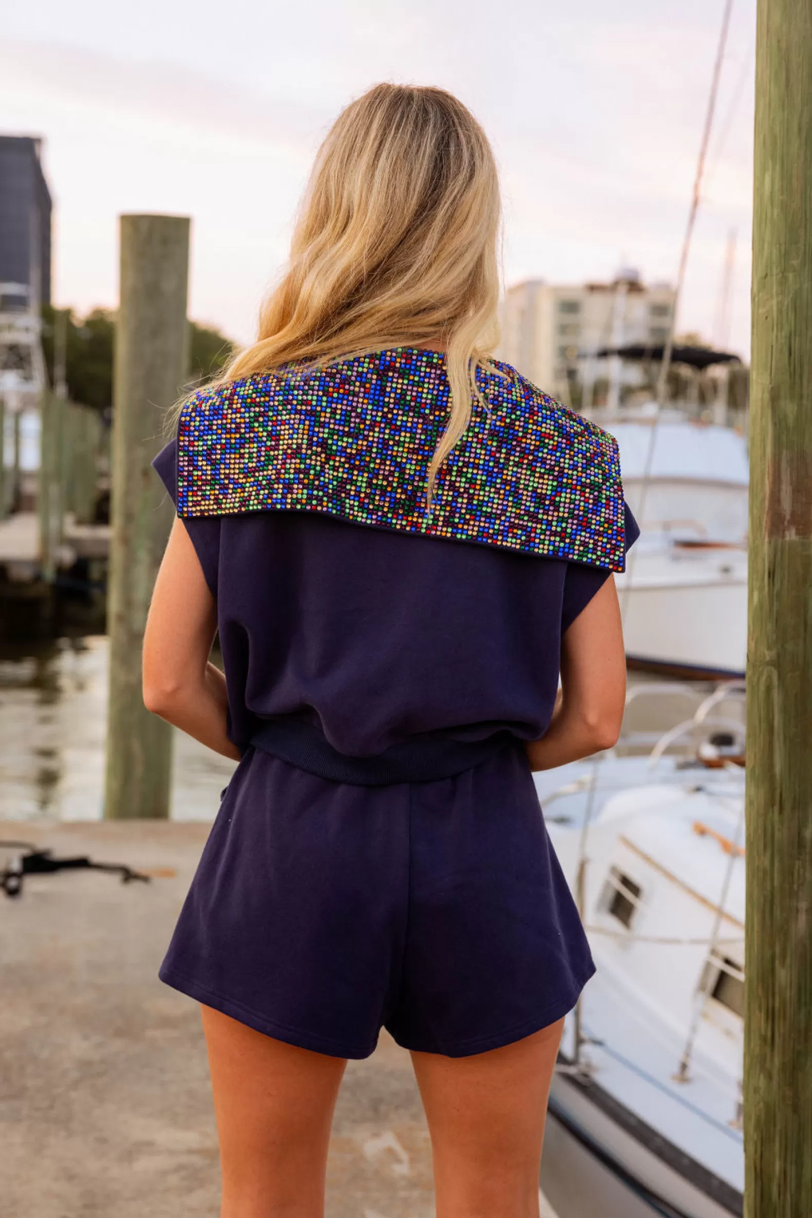 Queen of Sparkles Tops | Sets<Button Multi Rhinestone Collar Top Navy