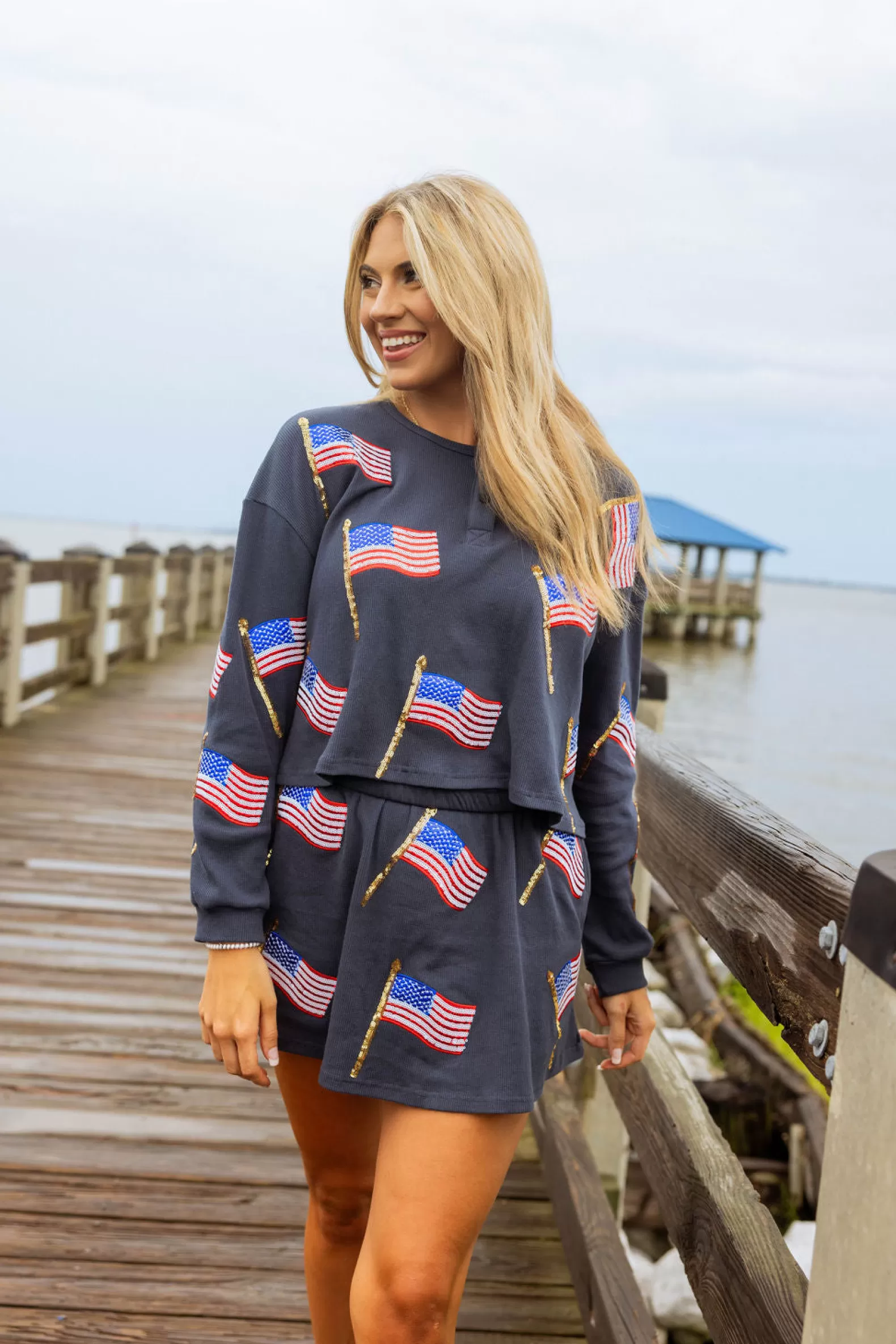 Queen of Sparkles Shorts | Sets<Metallic Flag Waffle Skirt Navy
