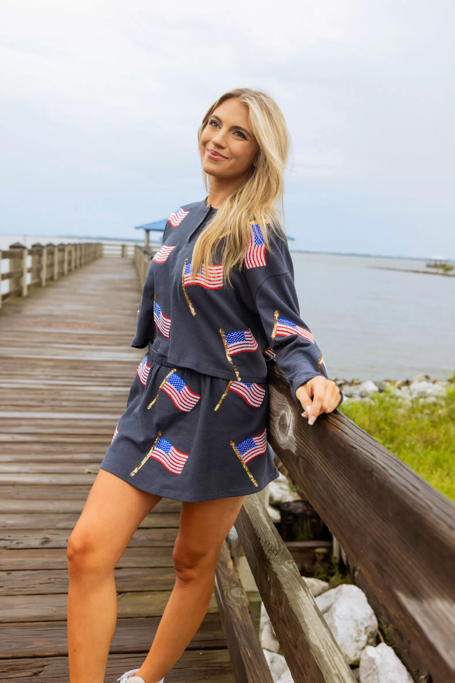 Queen of Sparkles Tops | Sets<Metallic Flag Waffle Top Navy