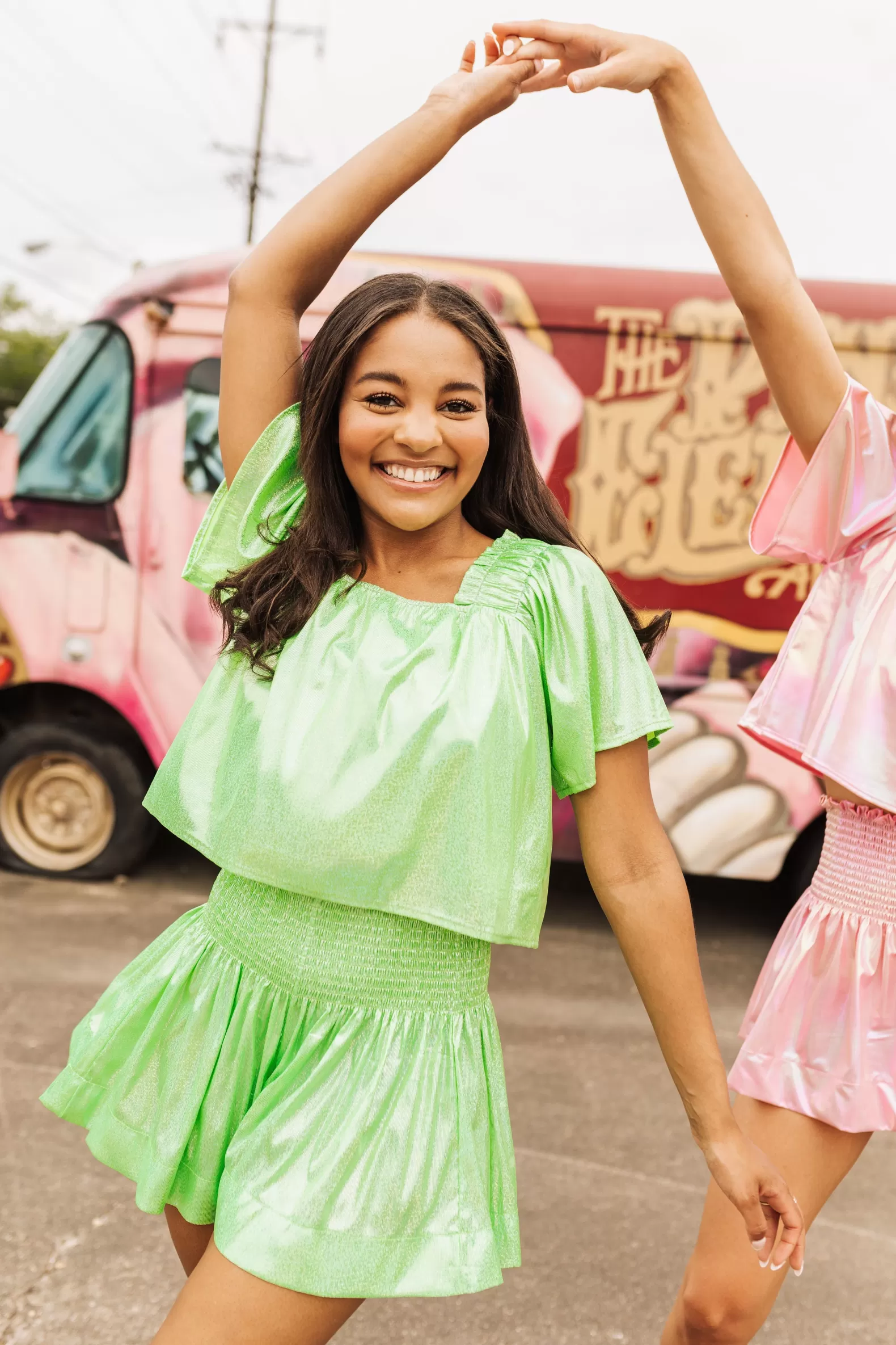 Queen of Sparkles Tops<Neon Green Holo Stripe Flutter Top