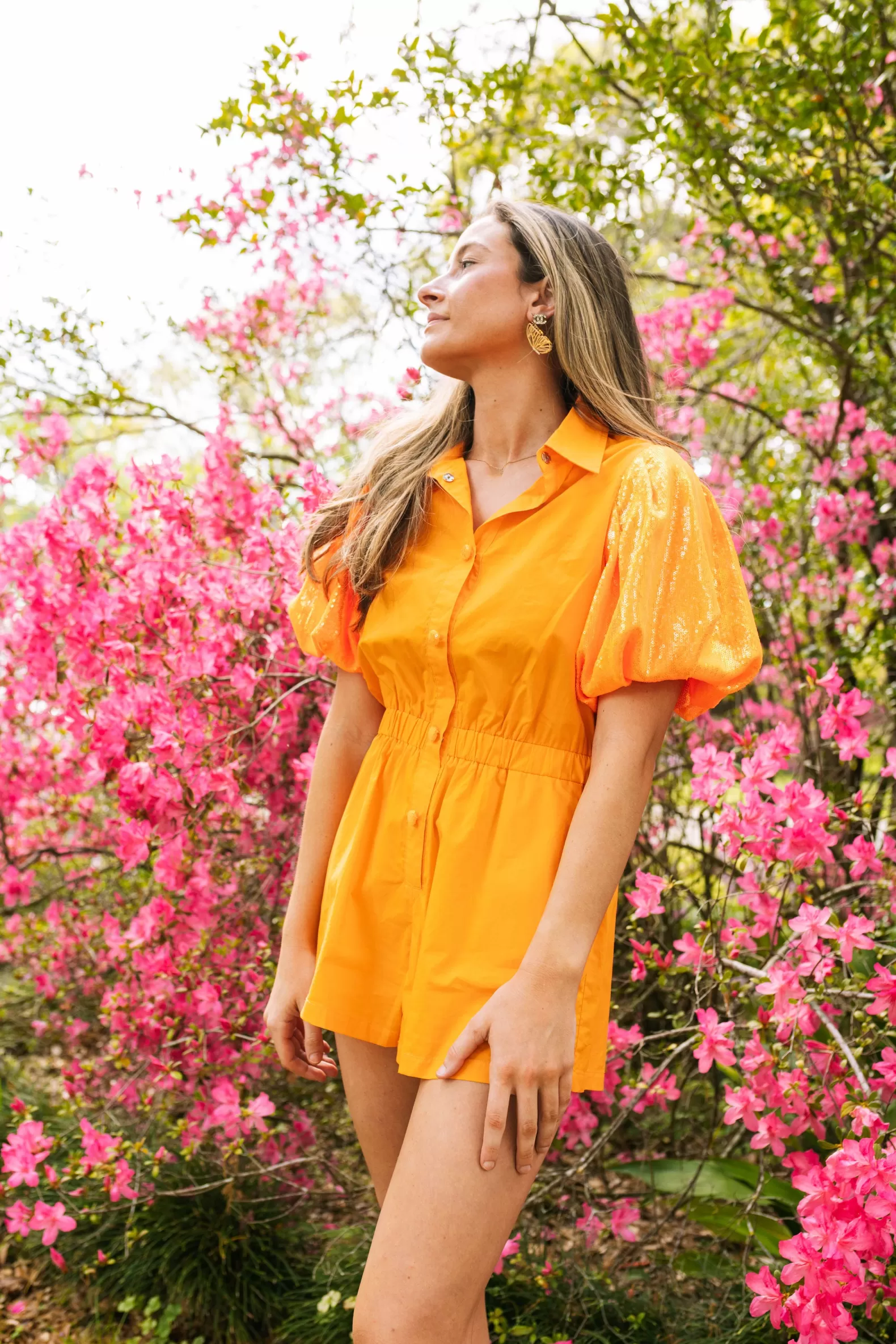 Queen of Sparkles Jumpsuits & Rompers<Sequin Sleeve Romper Neon Orange