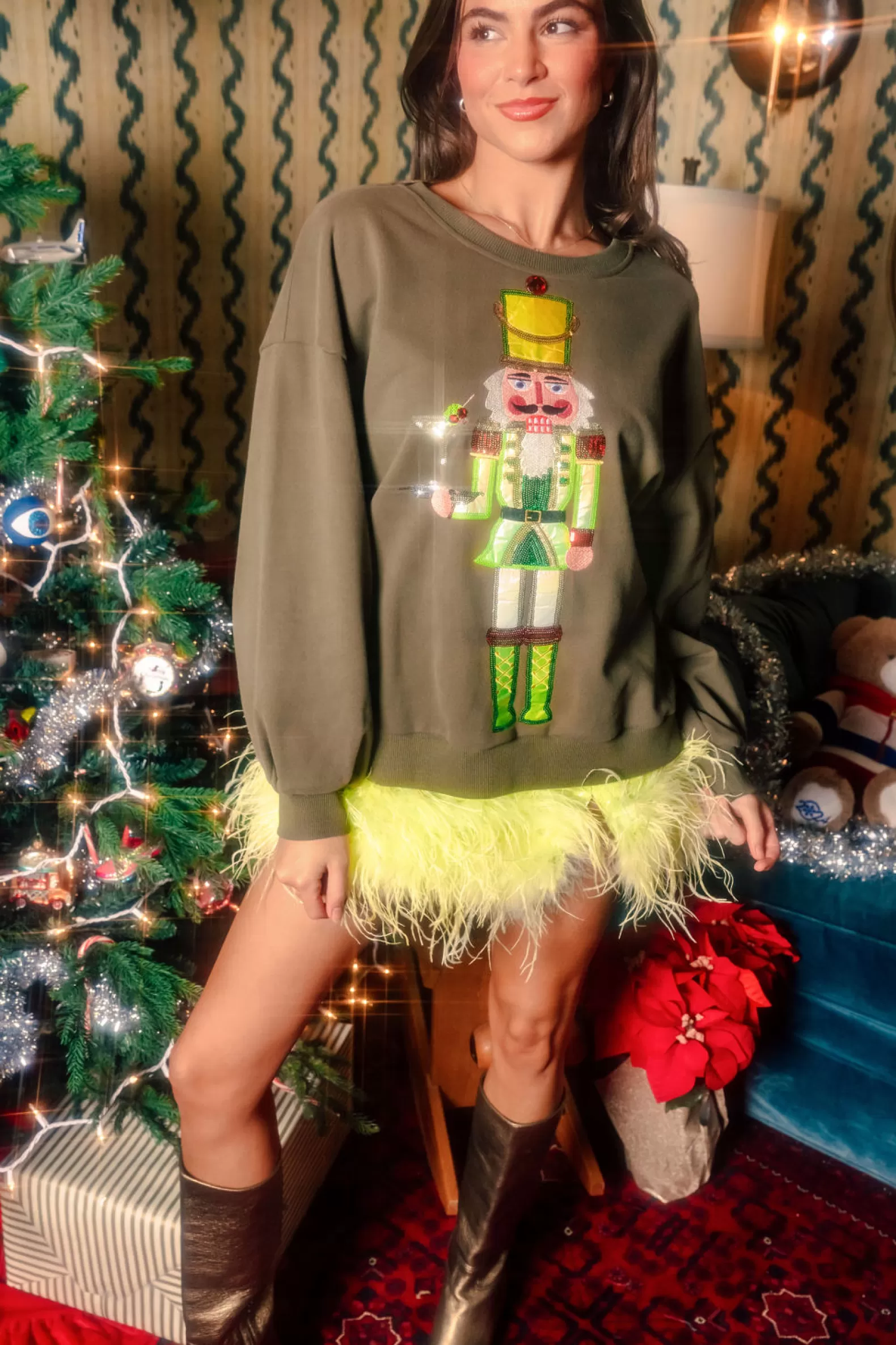 Queen of Sparkles Sweaters<Martini Server Nutcracker Sweatshirt Olive Green