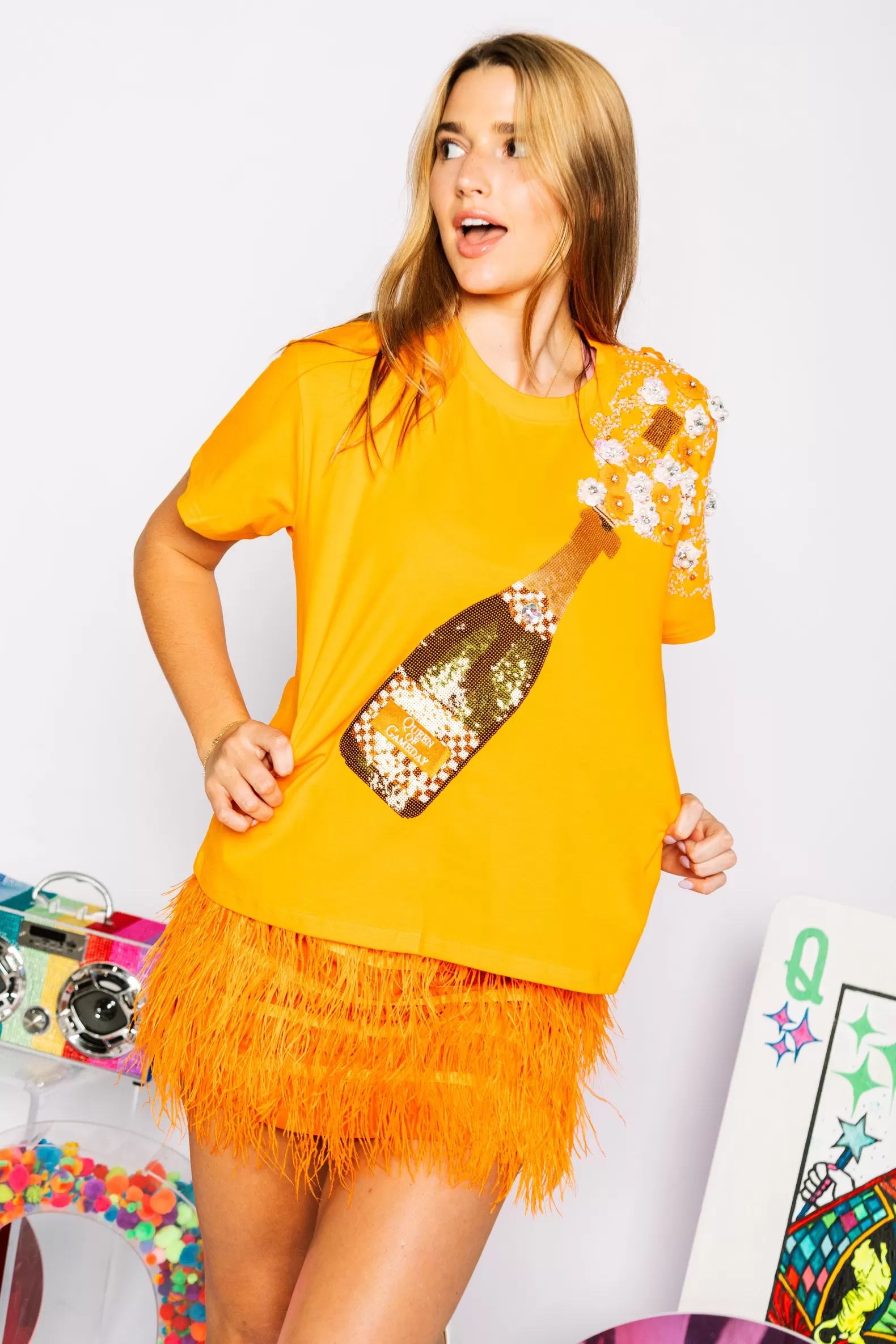 Queen of Sparkles Tees<Orange & White Checkered Popping Champagne Tee S