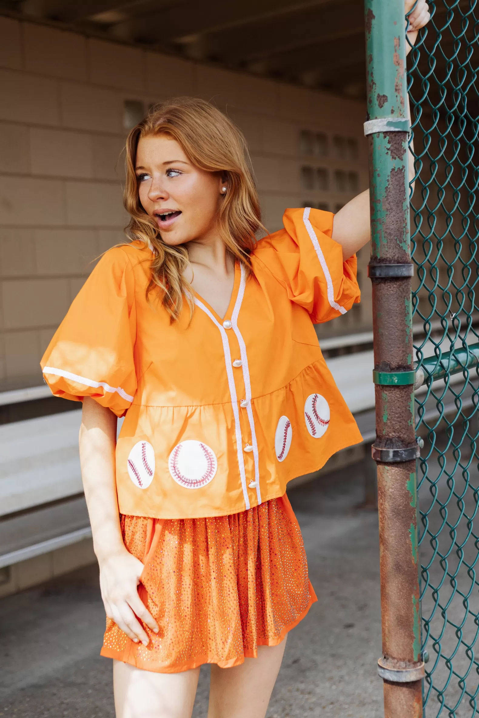 Queen of Sparkles Tops<Peplum Baseball Top Orange