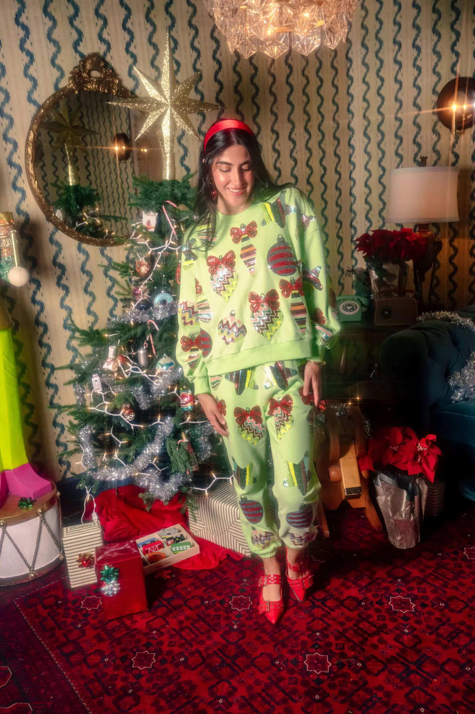 Queen of Sparkles Pants | Sets<Patterned Ornament & Bows Jogger Pale Green