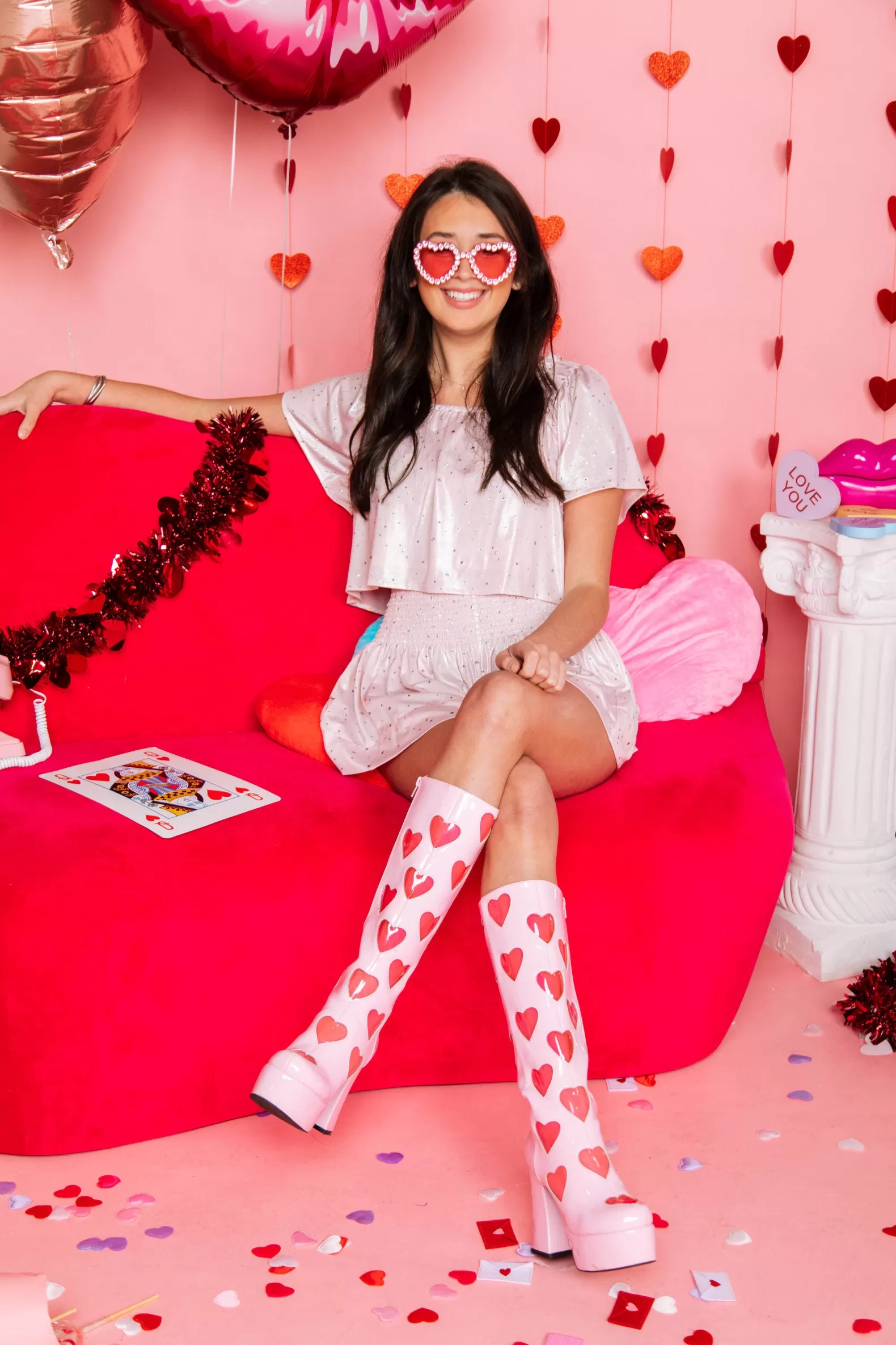 Queen of Sparkles Tops<Pale Pink Glitter Hearts Flutter Top