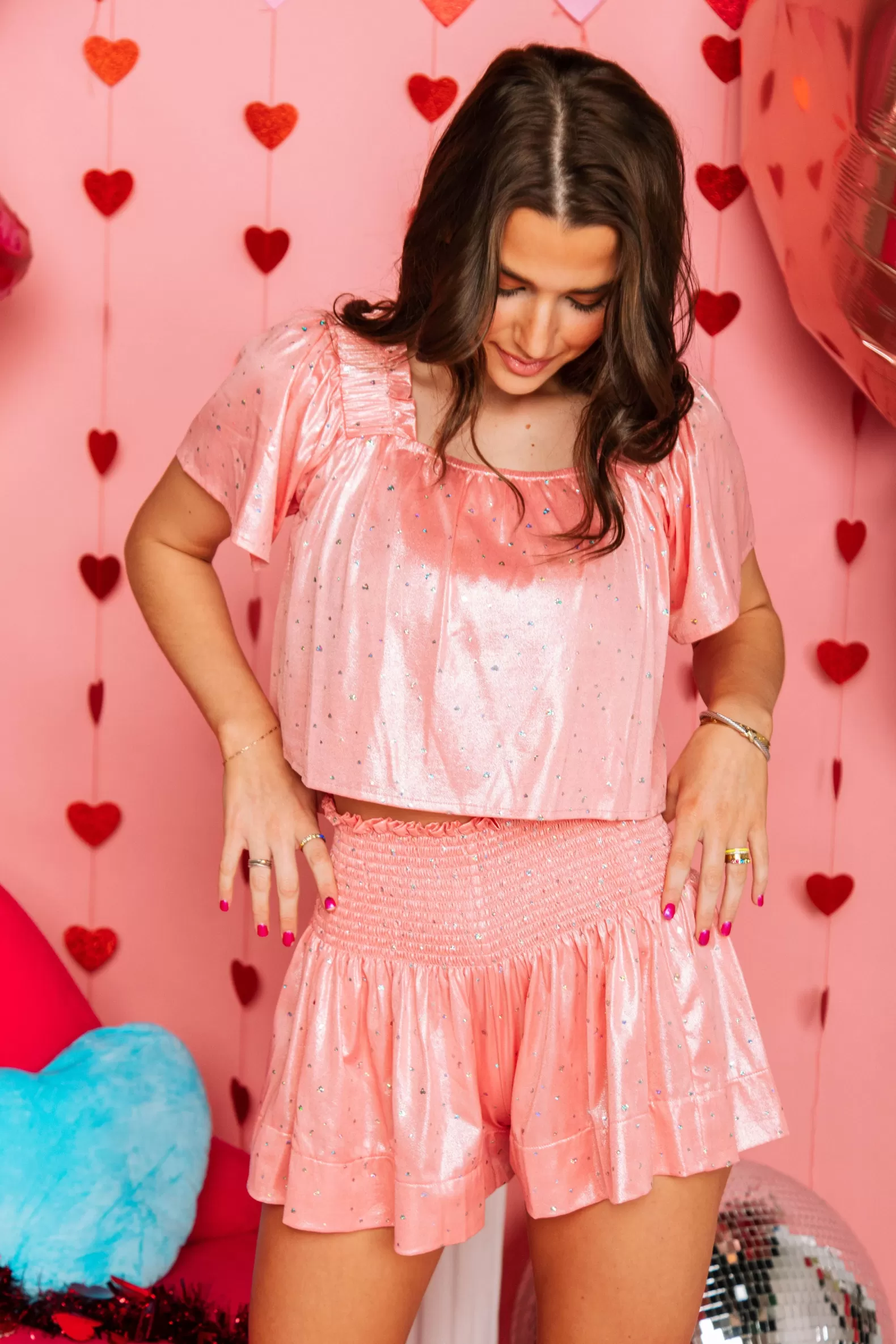 Queen of Sparkles Tops<Peach Glitter Hearts Flutter Top