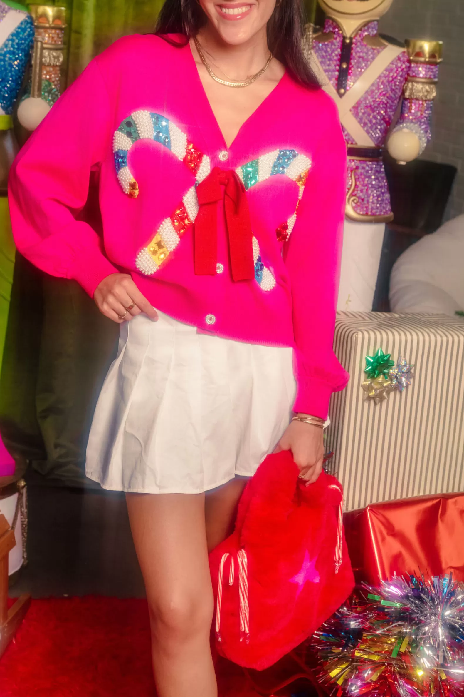 Queen of Sparkles Sweaters<Cardigan With Candy Cane and Bow Pink