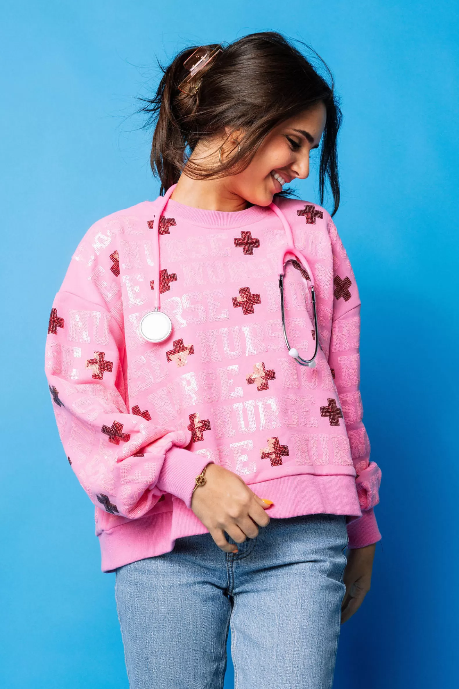 Queen of Sparkles Sweatshirts<'Nurse' All Over Sweatshirt Pink