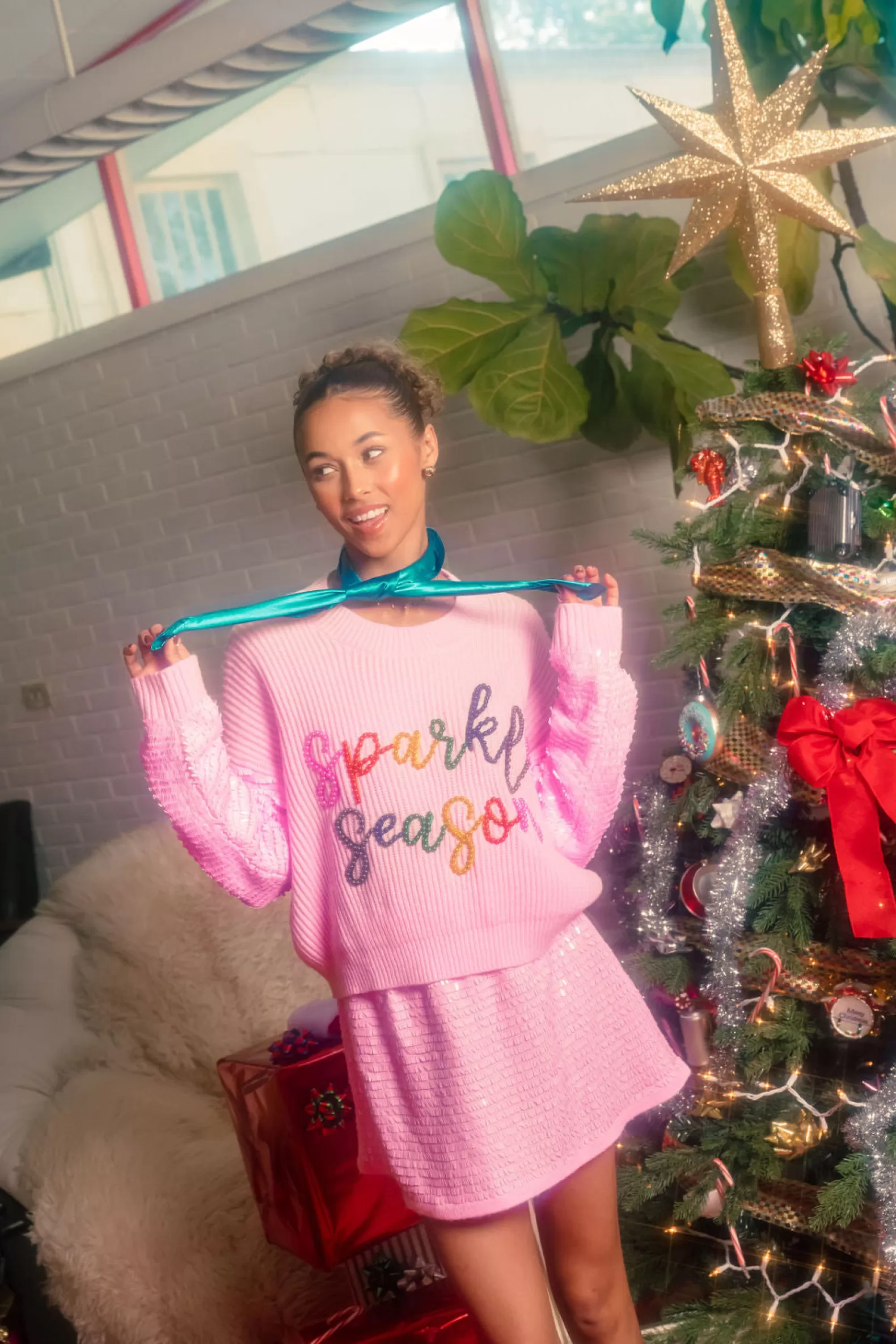 Queen of Sparkles Sweaters<Sequin Sleeve Multi Pearl 'Sparkle Season' Sweater Pink