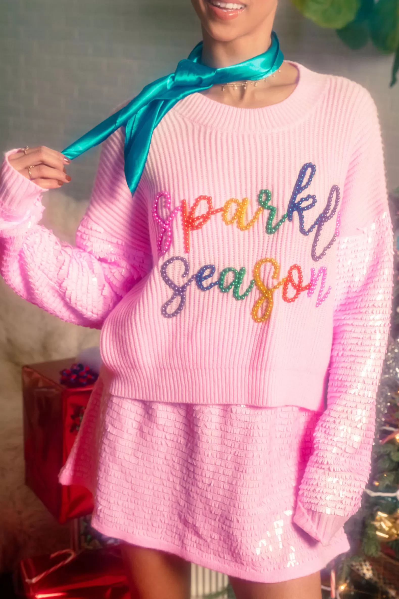 Queen of Sparkles Sweaters<Sequin Sleeve Multi Pearl 'Sparkle Season' Sweater Pink
