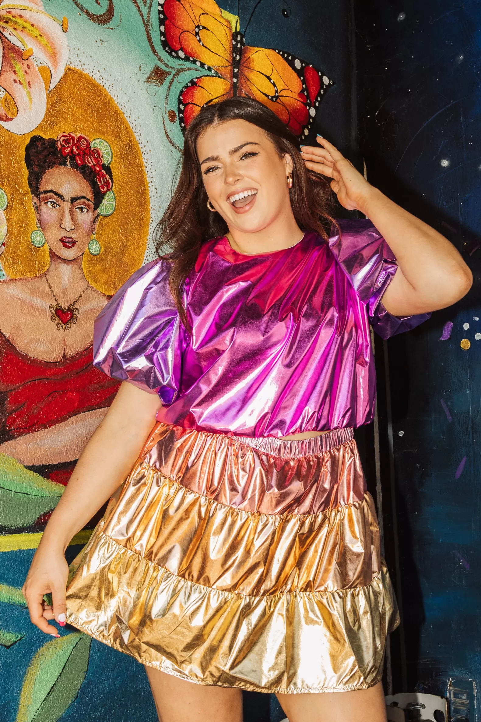 Queen of Sparkles Tops<Pink/Purple Metallic Puff Sleeve Crop
