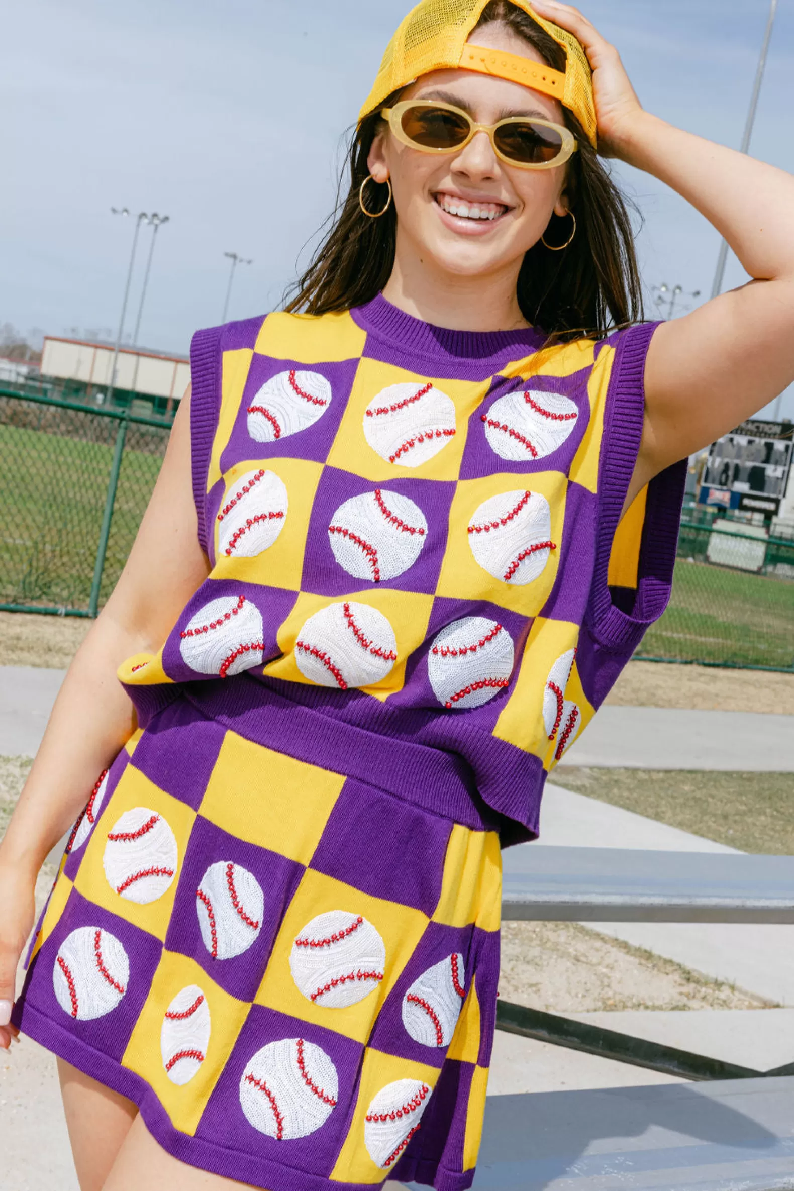Queen of Sparkles Skirts<Purple & Gold Checkered Baseball Skirt Purple/Gold