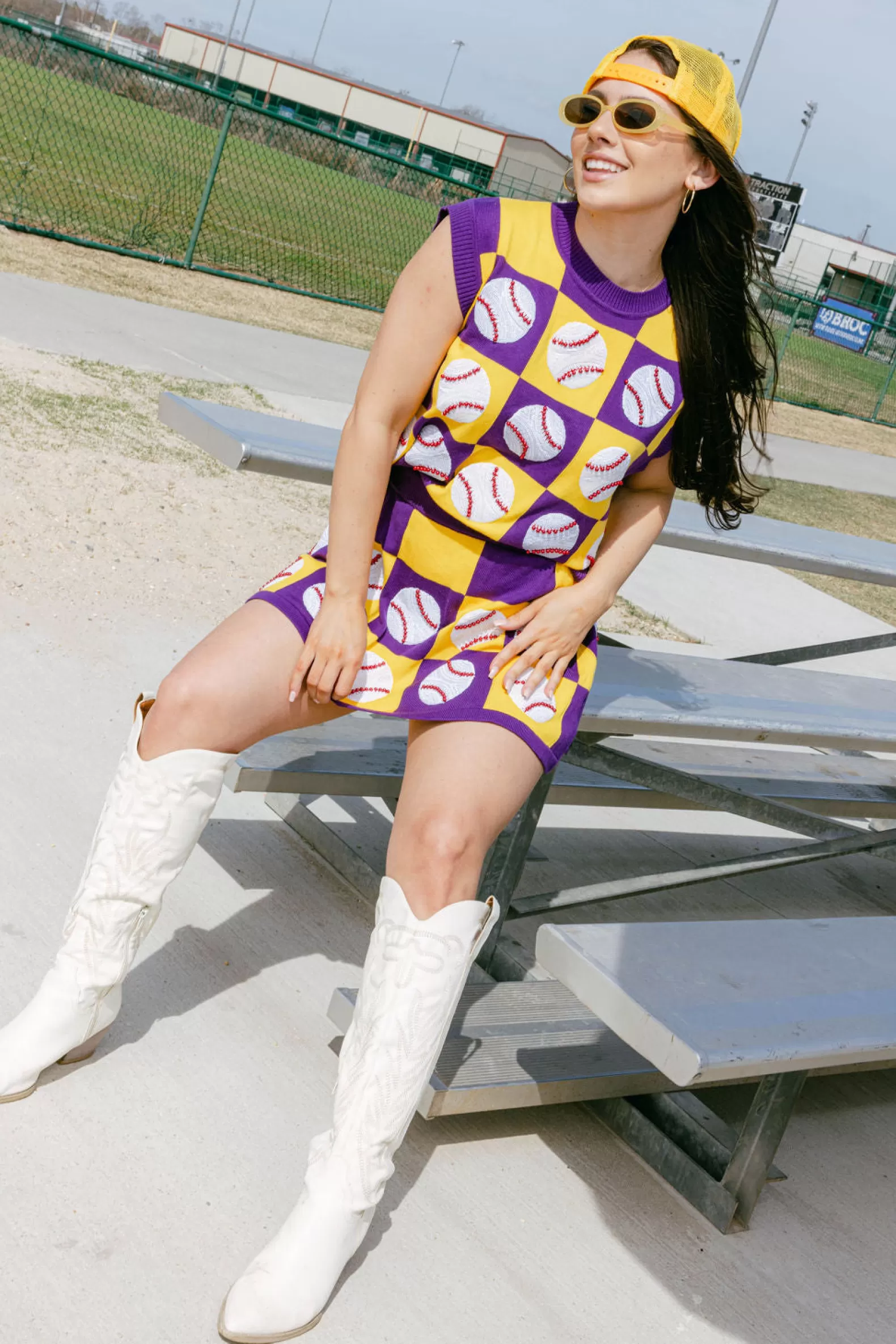 Queen of Sparkles Tops | Sets<Purple & Gold Checkered Baseball Tank Purple/Gold