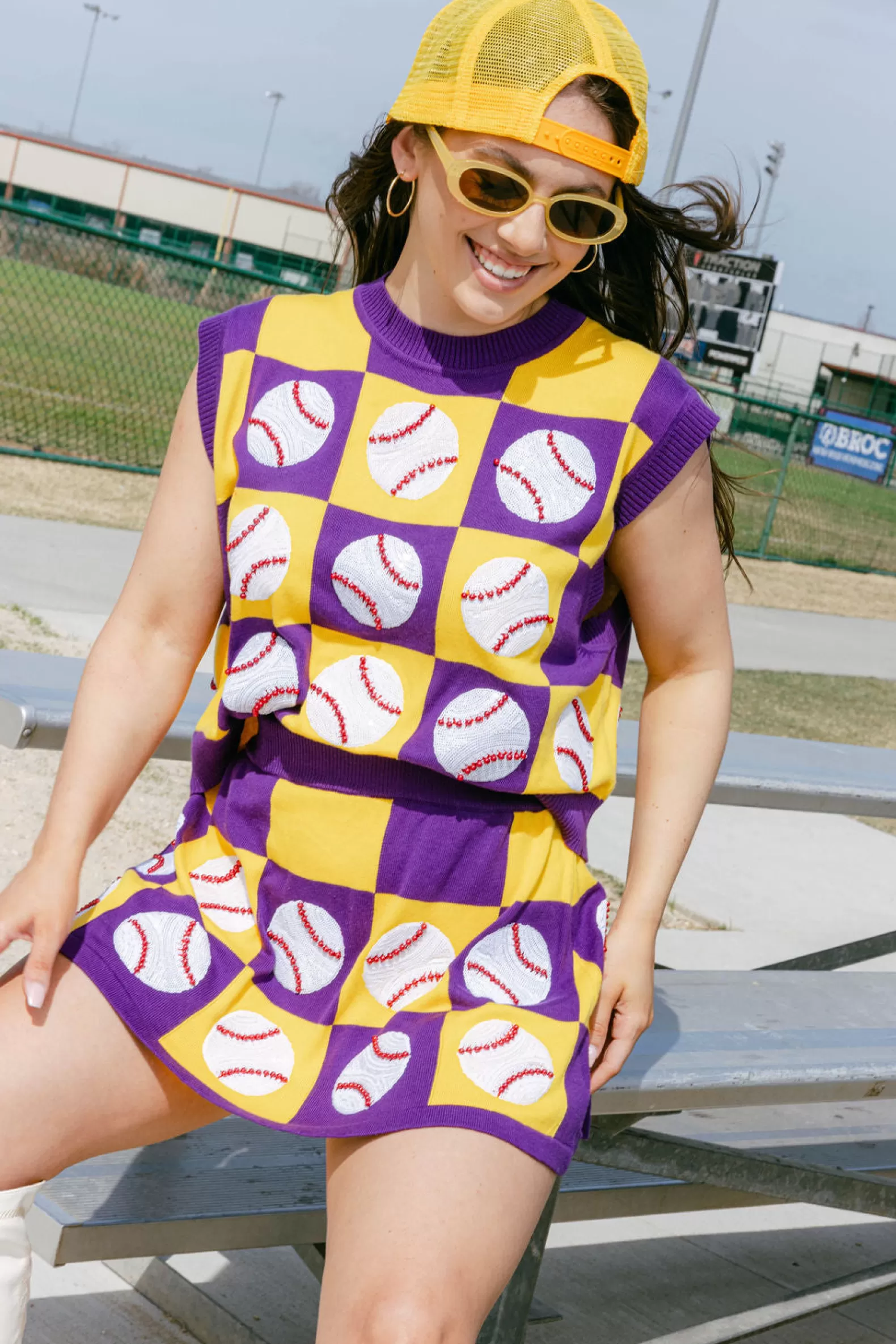 Queen of Sparkles Tops | Sets<Purple & Gold Checkered Baseball Tank Purple/Gold