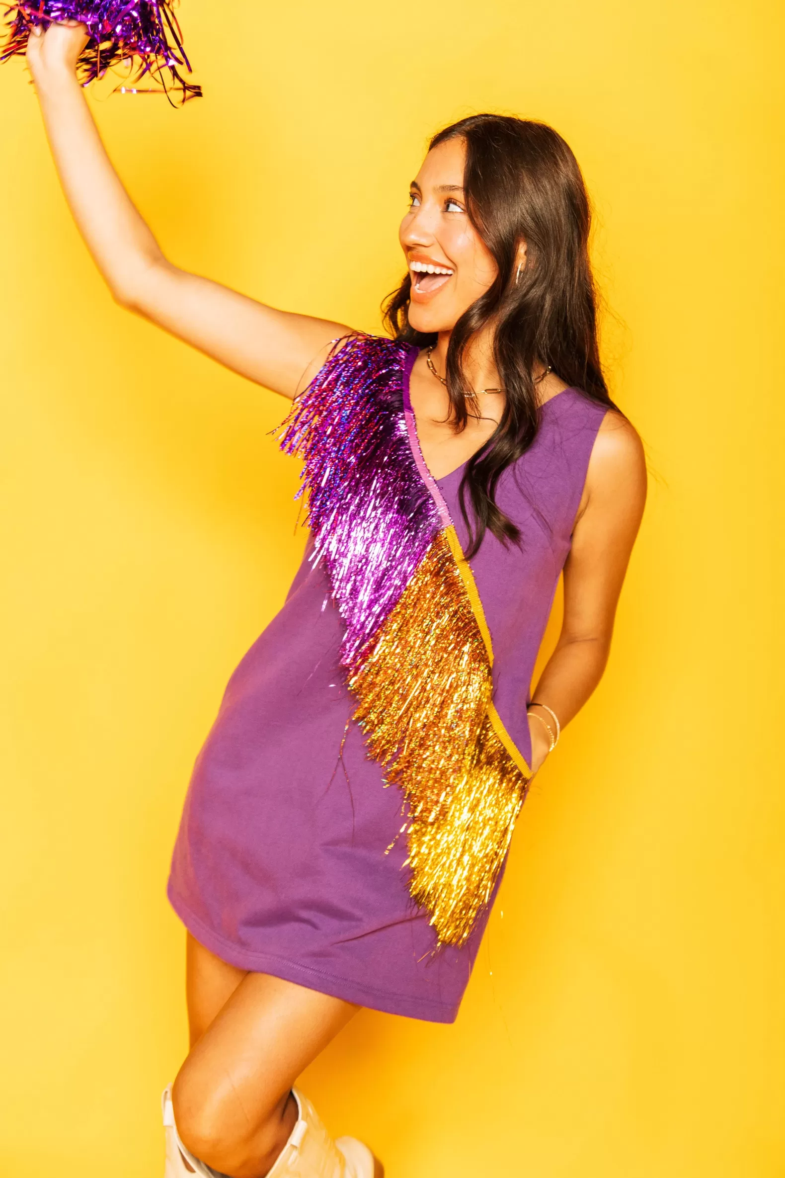 Queen of Sparkles Dresses<Purple & Gold Diagonal Fringe Dress