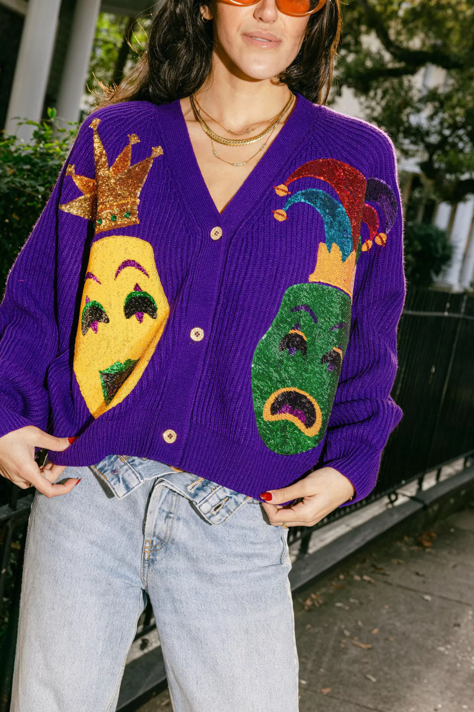 Queen of Sparkles Sweaters<Mardi Gras Mask Cardigan Purple