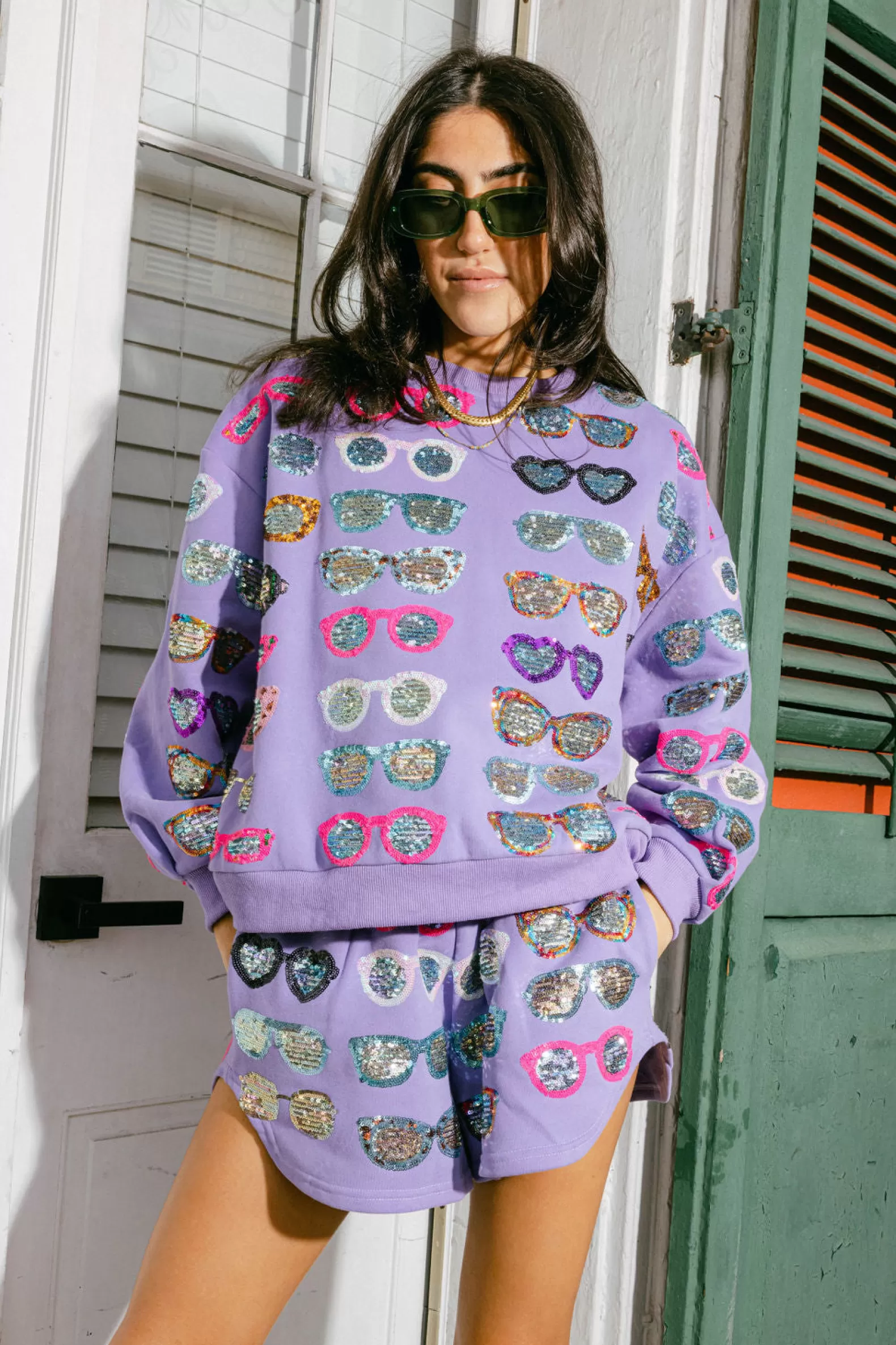 Queen of Sparkles Shorts | Sets<Mardi Gras Sunglass Short Purple