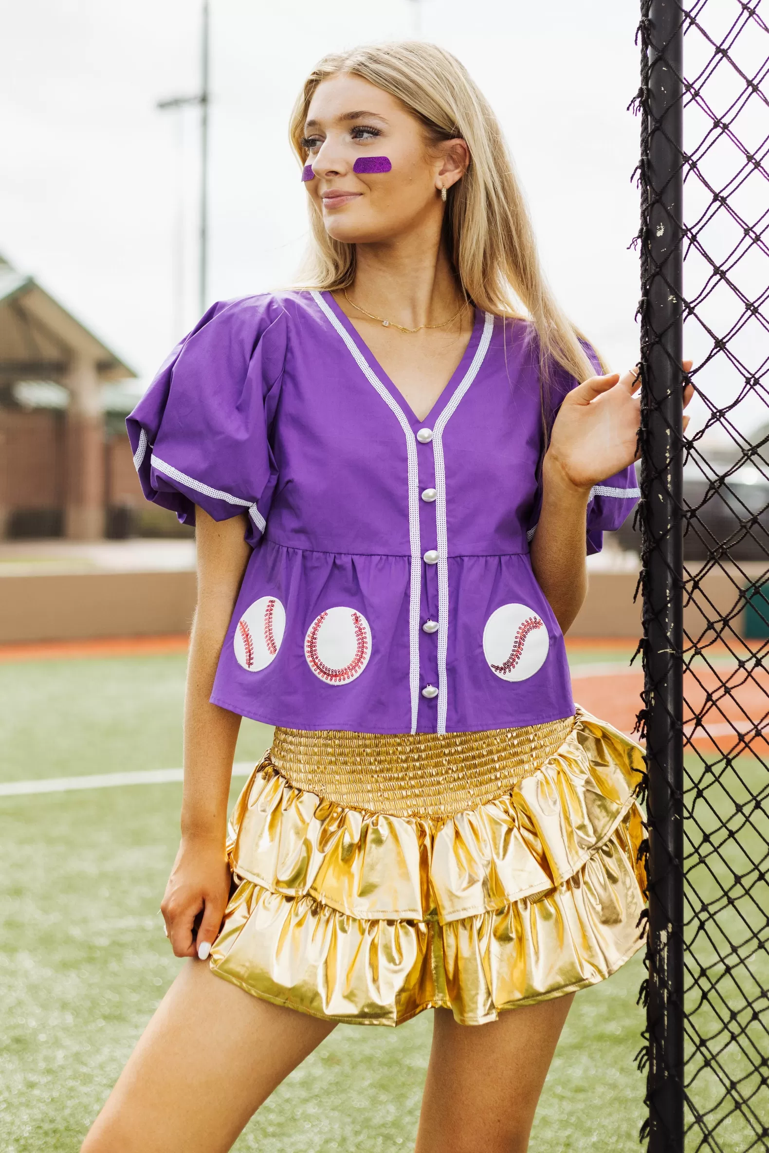 Queen of Sparkles Tops<Peplum Baseball Top Purple