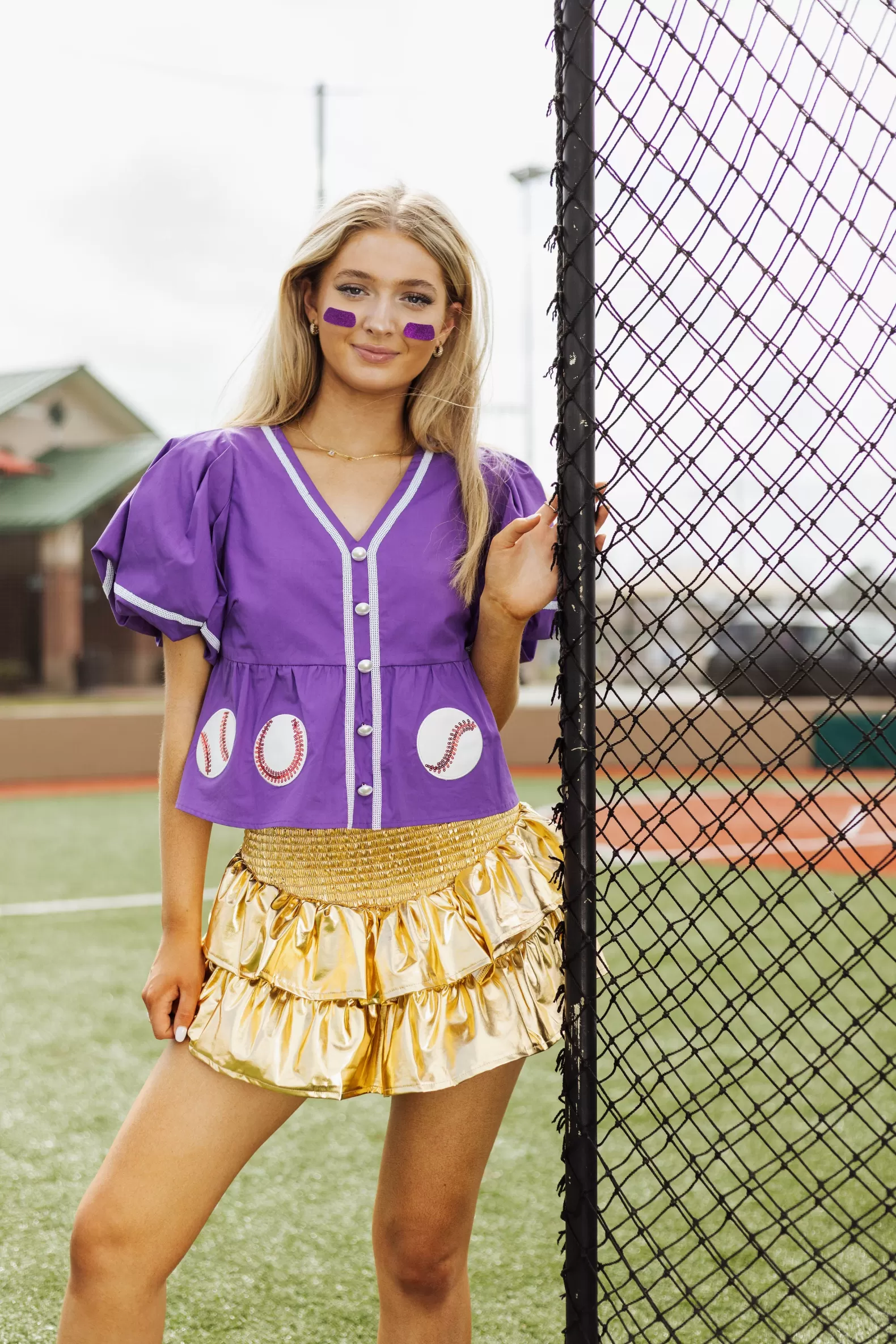 Queen of Sparkles Tops<Peplum Baseball Top Purple