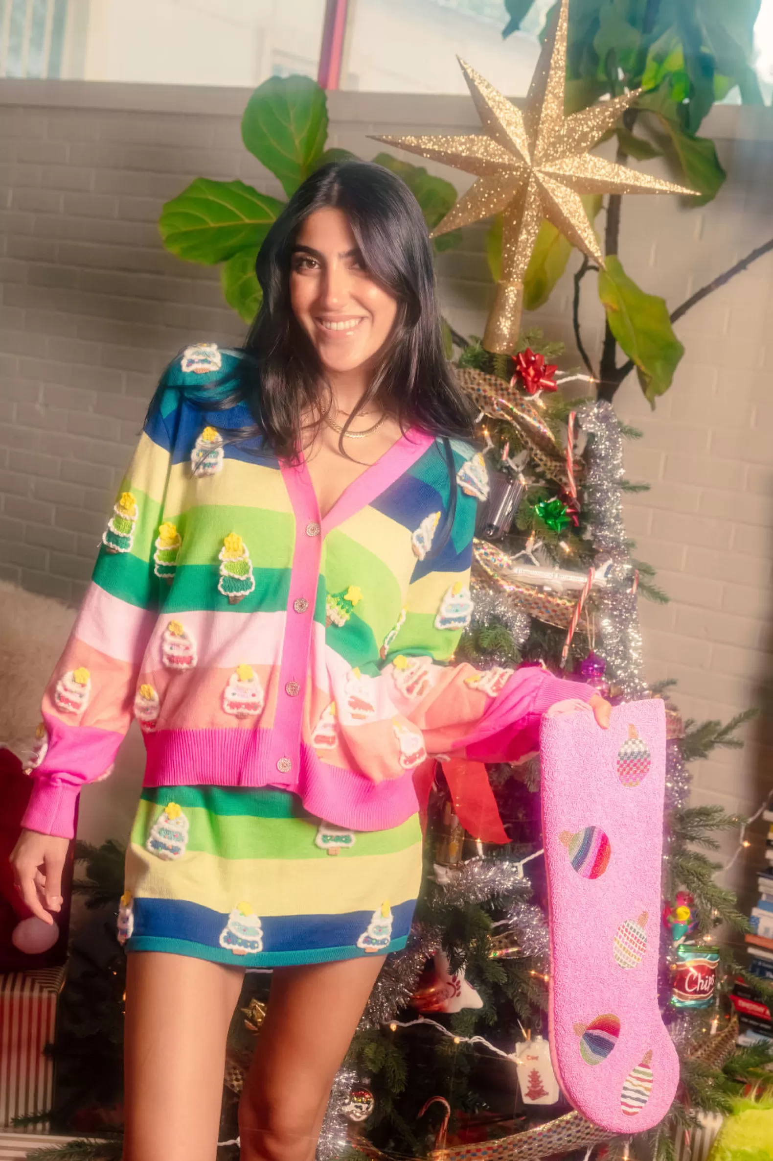 Queen of Sparkles Sets | Sweaters<Stripe Knit Christmas Tree Cardigan Rainbow