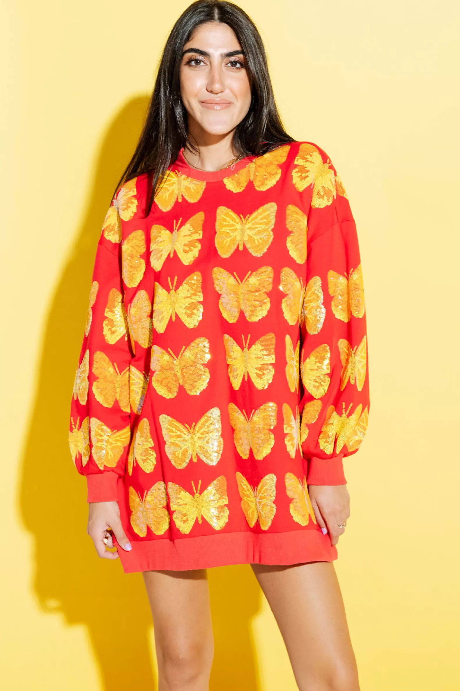 Queen of Sparkles Dresses<Red & Yellow Butterfly Sweatshirt Dress